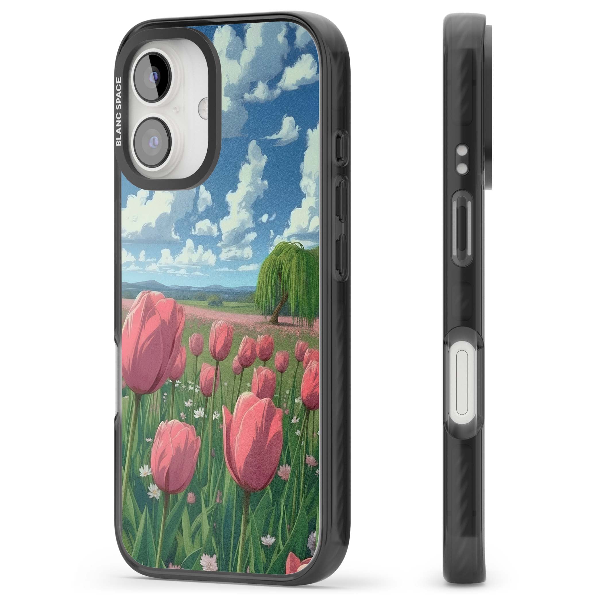 Willow By The Pink Tulips floral iPhone case | Black Impact Magsafe case for iPhone 16, iPhone 16 Plus