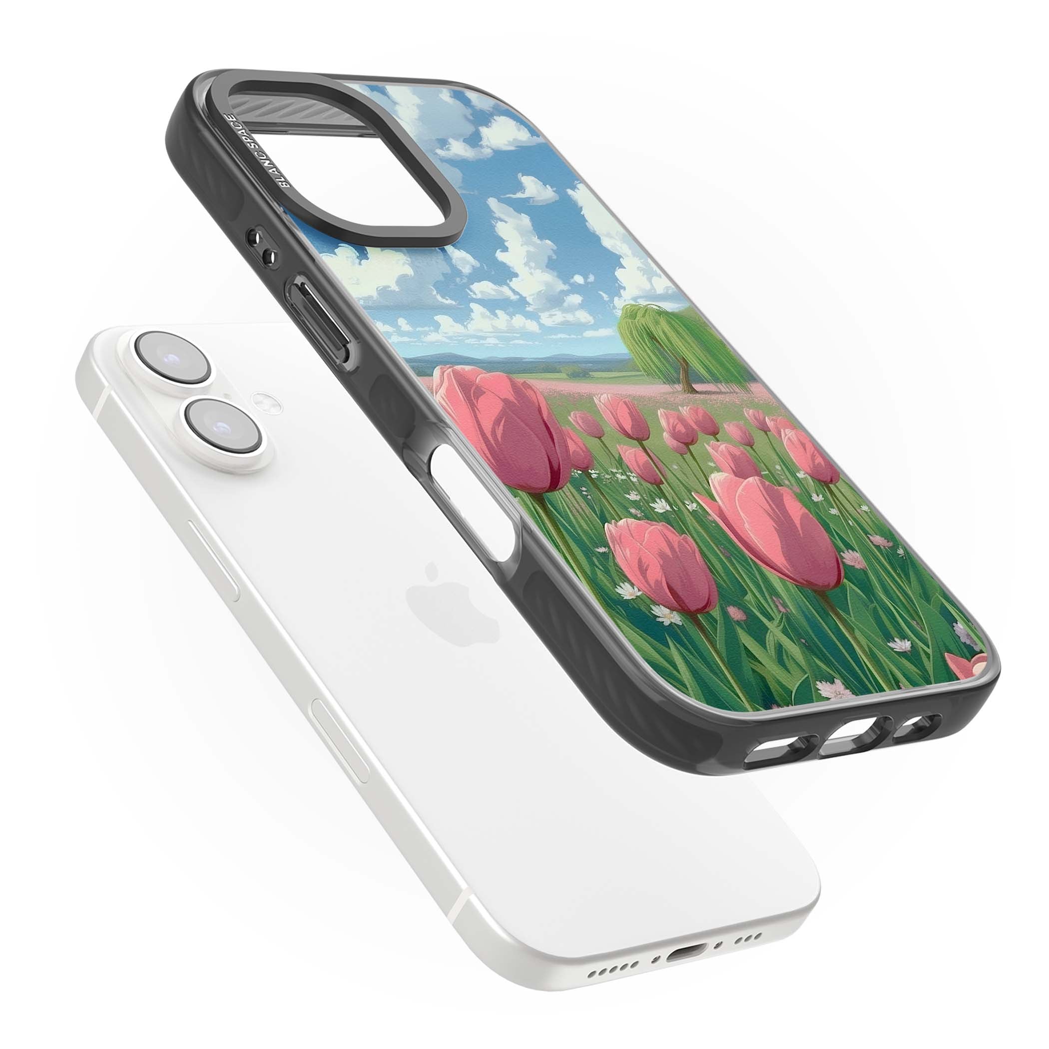 Willow By The Pink Tulips floral iPhone case | Black Impact Magsafe case for iPhone 16, iPhone 16 Plus