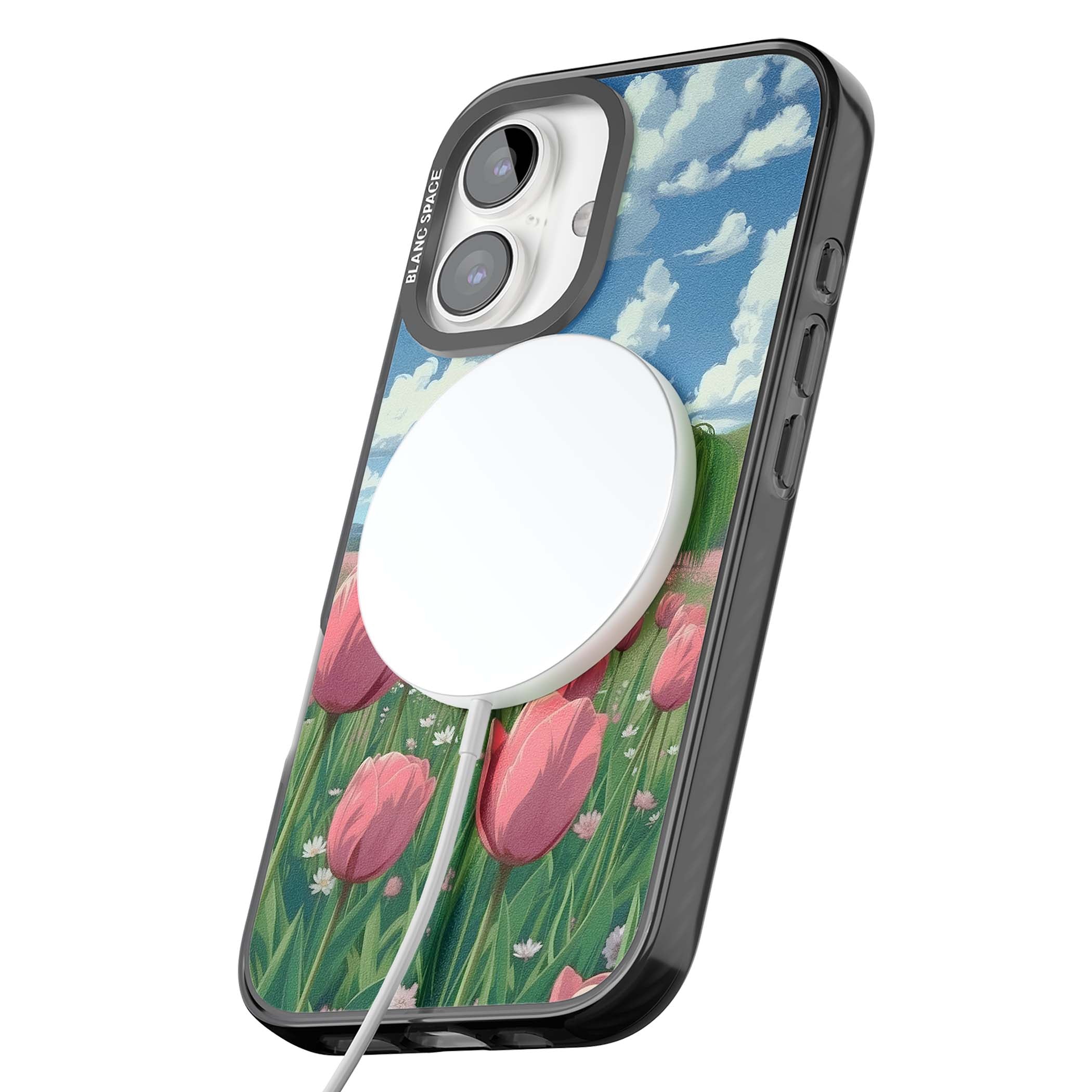 Willow By The Pink Tulips floral iPhone case | Black Impact Magsafe case for iPhone 16, iPhone 16 Plus