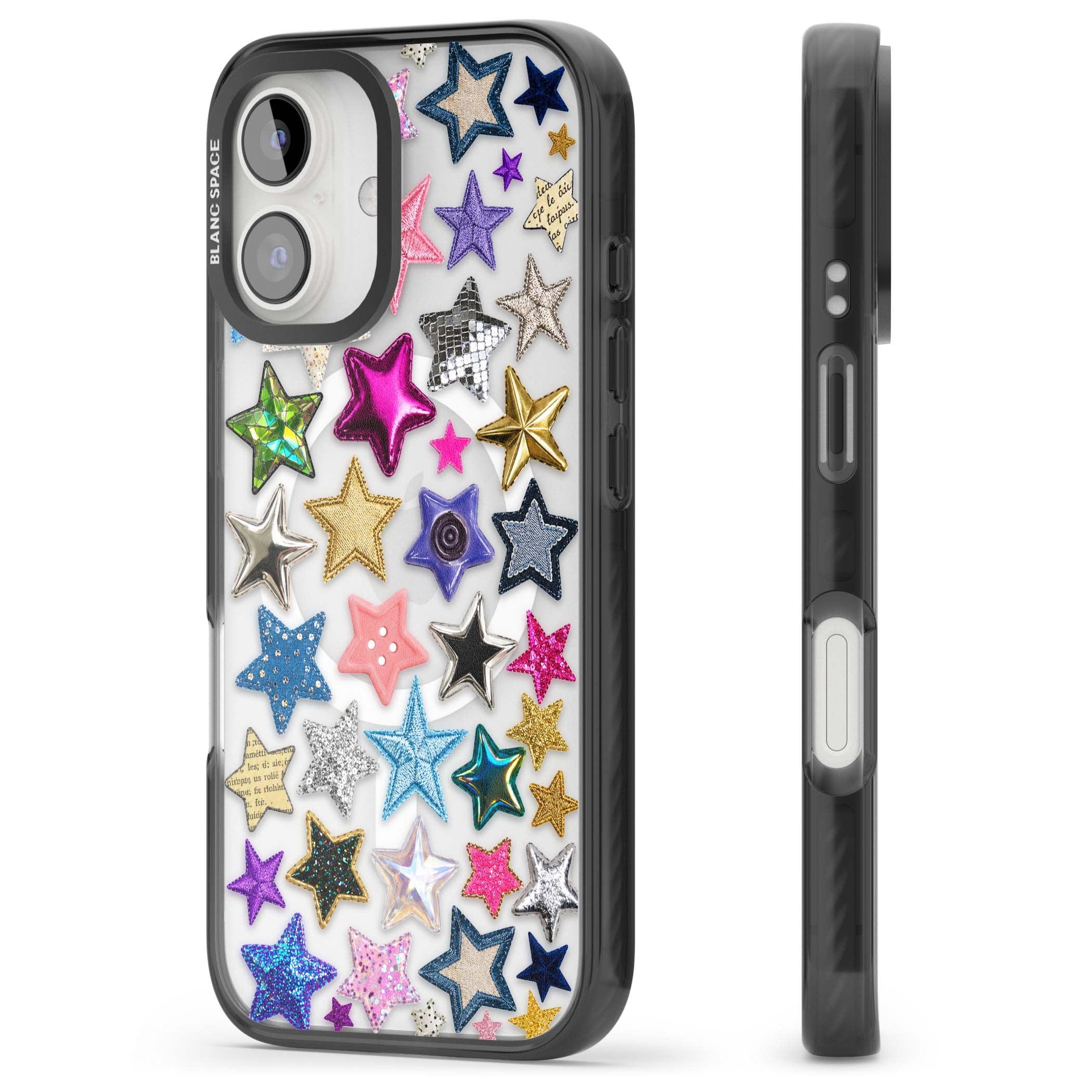 Crafty Star Mix Y2K iPhone case featuring embroidered, sequinned and glitter star patches in rainbow colours | Black Impact Magsafe case for iPhone 16, iPhone 16 Plus