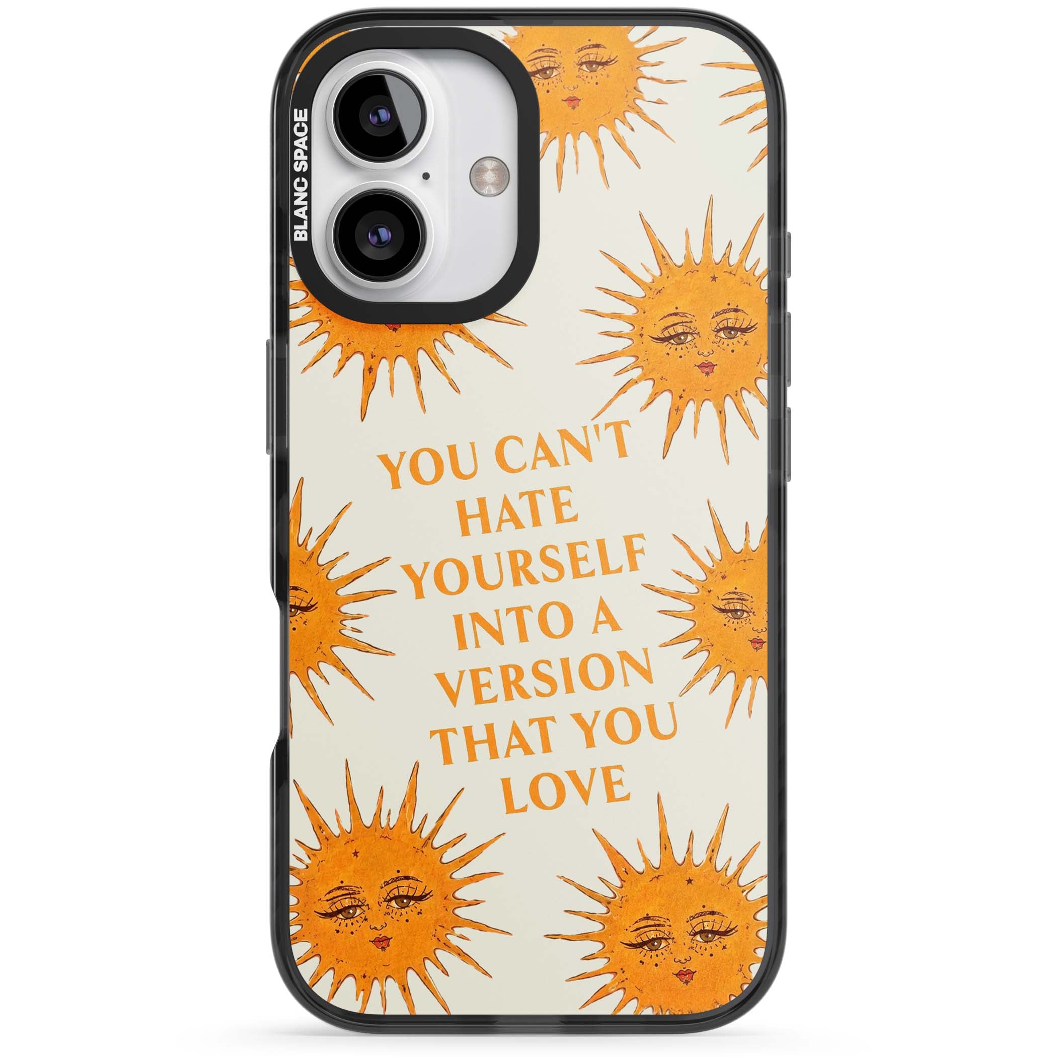 Don't Hate Yourself celestial iPhone case featuring vintage sun faces, ochre rays and a self-love quote | Black Impact Magsafe case for iPhone 16, iPhone 16 Plus