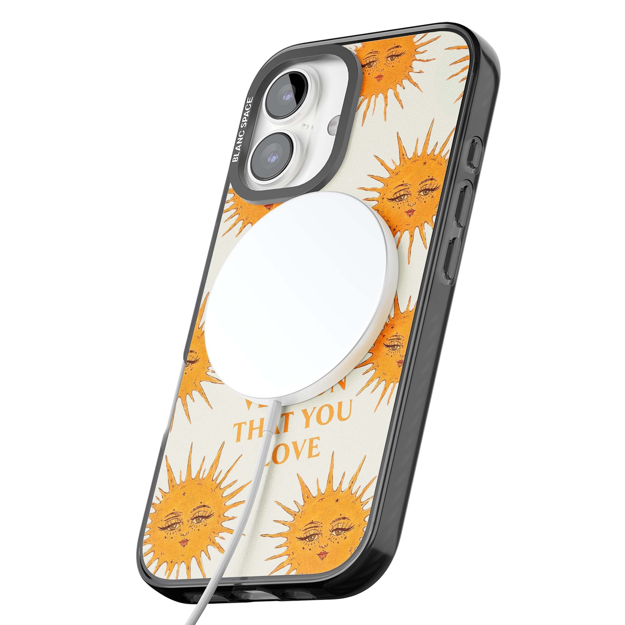 Don't Hate Yourself celestial iPhone case featuring vintage sun faces, ochre rays and a self-love quote | Black Impact Magsafe case for iPhone 16, iPhone 16 Plus