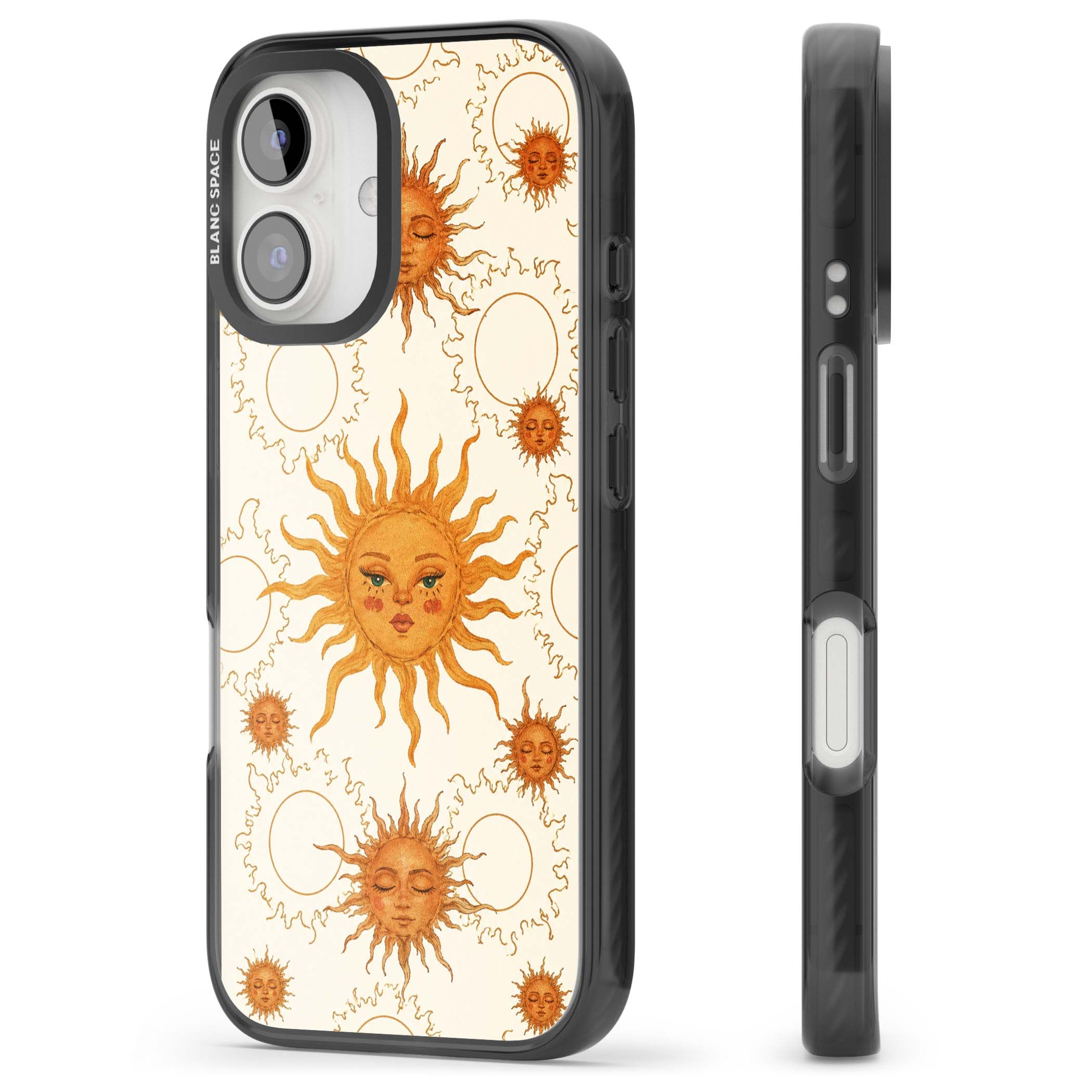 Solstice Muse celestial iPhone case featuring hand-painted golden sun faces, closed-eye sun goddesses and outlined moons... | Black Impact Magsafe case for iPhone 16, iPhone 16 Plus