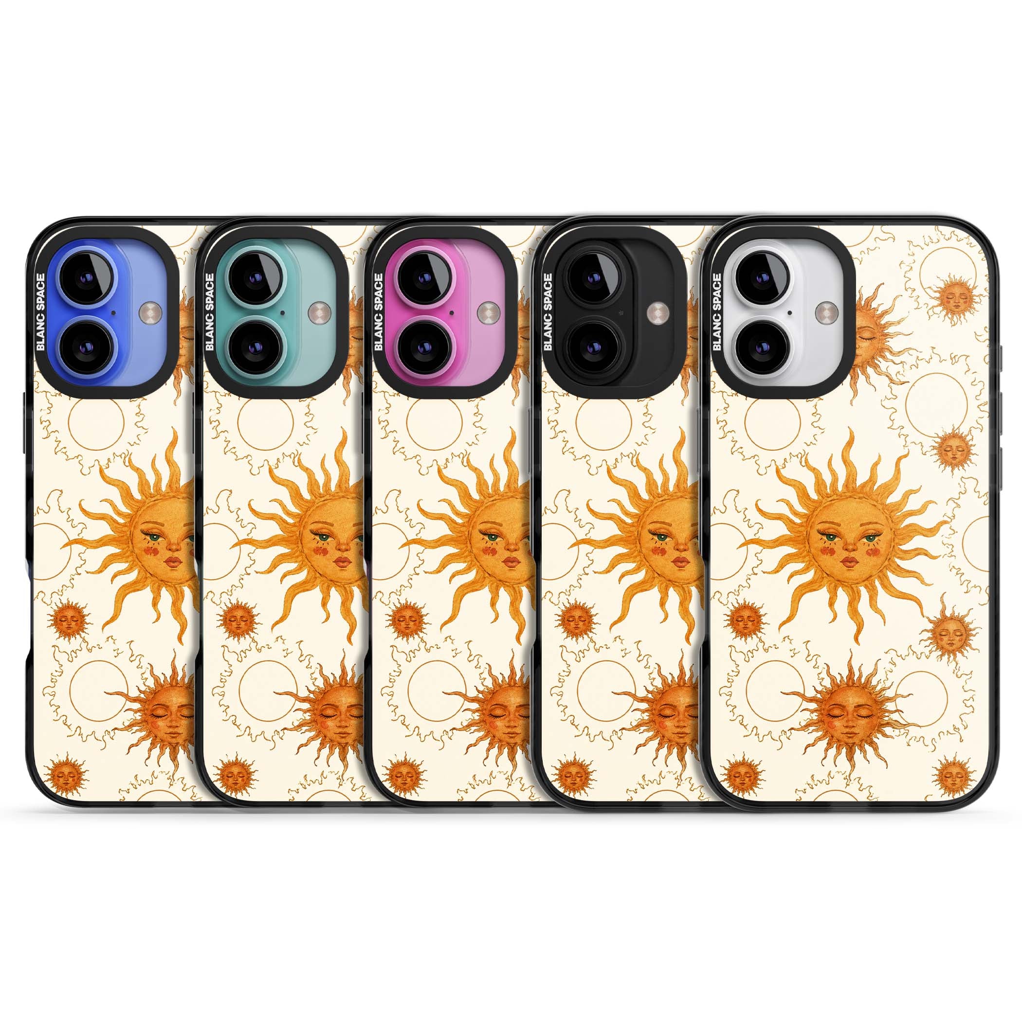 Solstice Muse celestial iPhone case featuring hand-painted golden sun faces, closed-eye sun goddesses and outlined moons... | Black Impact Magsafe case for iPhone 16, iPhone 16 Plus