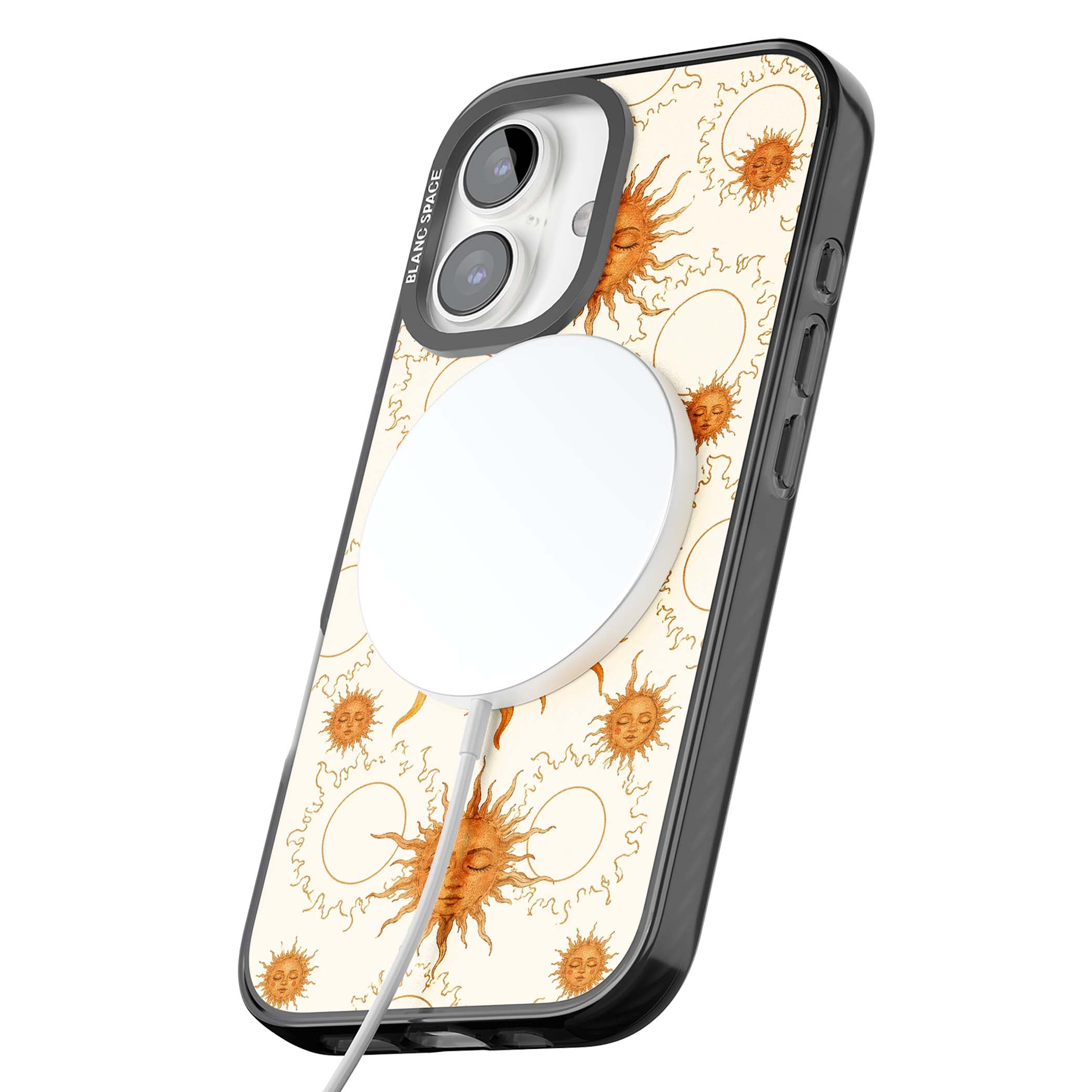 Solstice Muse celestial iPhone case featuring hand-painted golden sun faces, closed-eye sun goddesses and outlined moons... | Black Impact Magsafe case for iPhone 16, iPhone 16 Plus