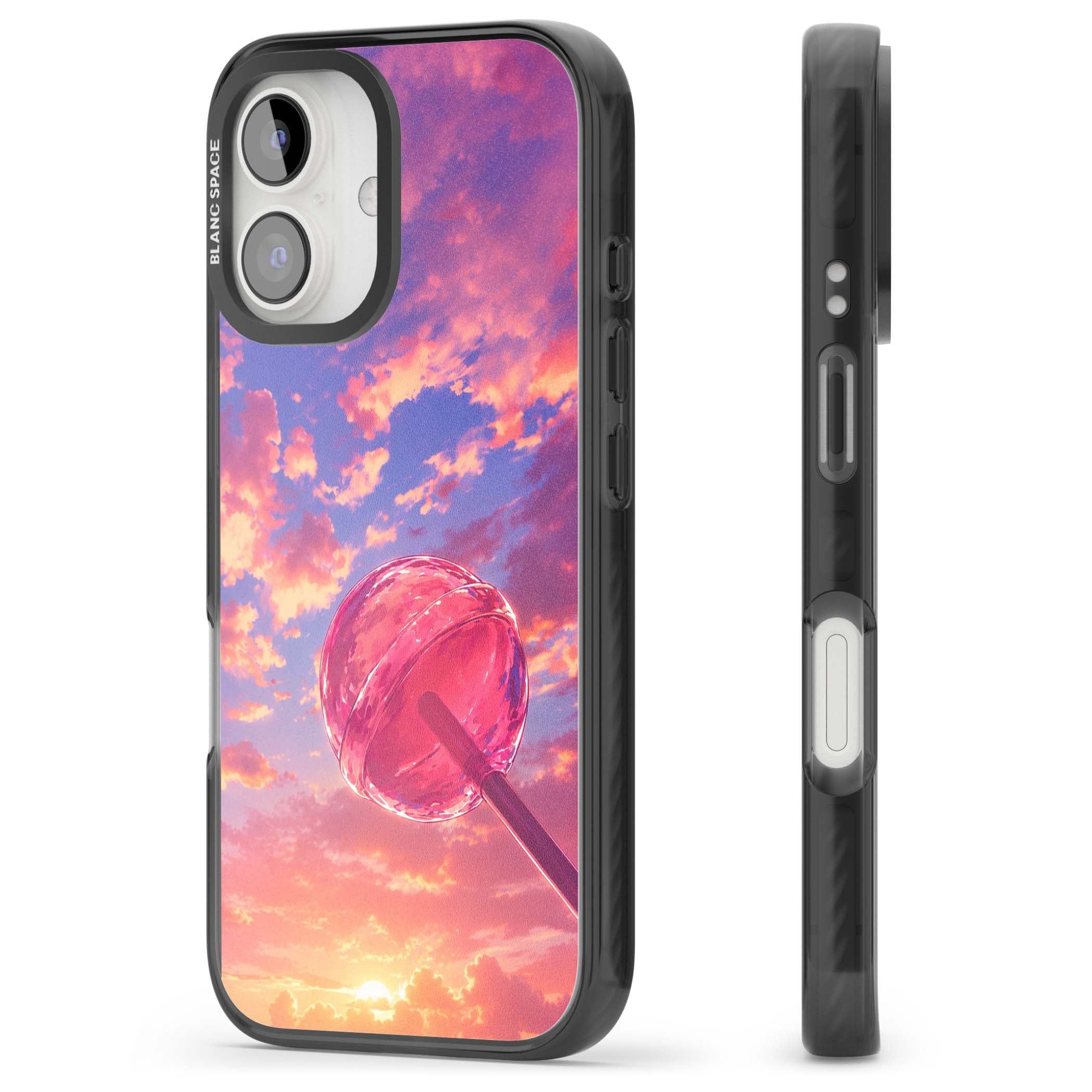 Sugar Sunset candy aesthetic iPhone case featuring a pink lollipop, pastel sunset sky and dreamy clouds | Black Impact Magsafe case for iPhone 16, iPhone 16 Plus