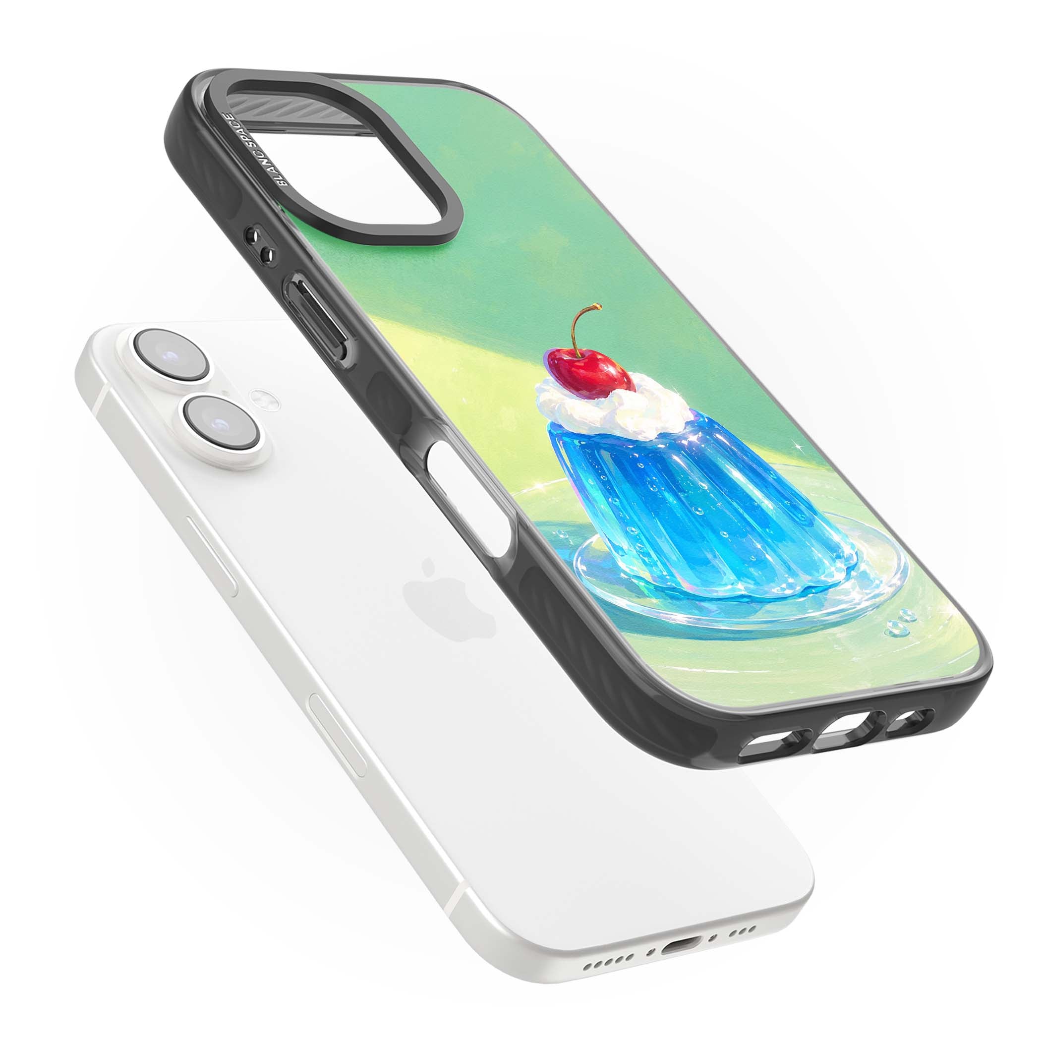 Cherry Jelly kawaii dessert iPhone case featuring blue jelly pudding, whipped cream and a red cherry | Black Impact Magsafe case for iPhone 16, iPhone 16 Plus