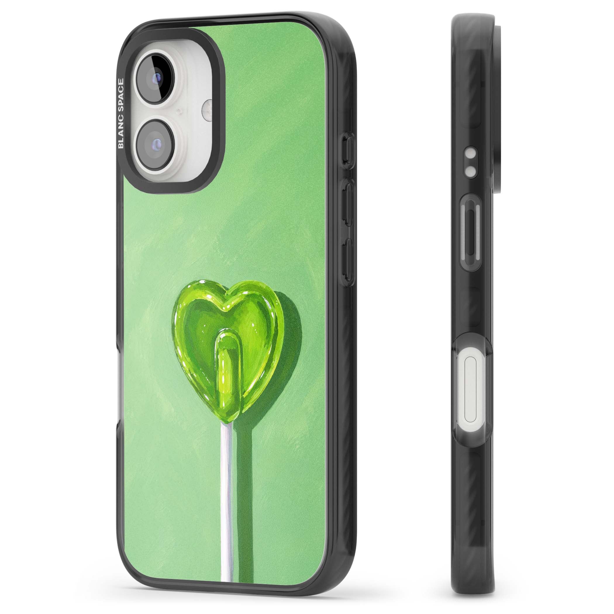 Green Lollipop candy art iPhone case featuring a glossy green heart-shaped lollipop on a painted pastel green background | Black Impact Magsafe case for iPhone 16, iPhone 16 Plus