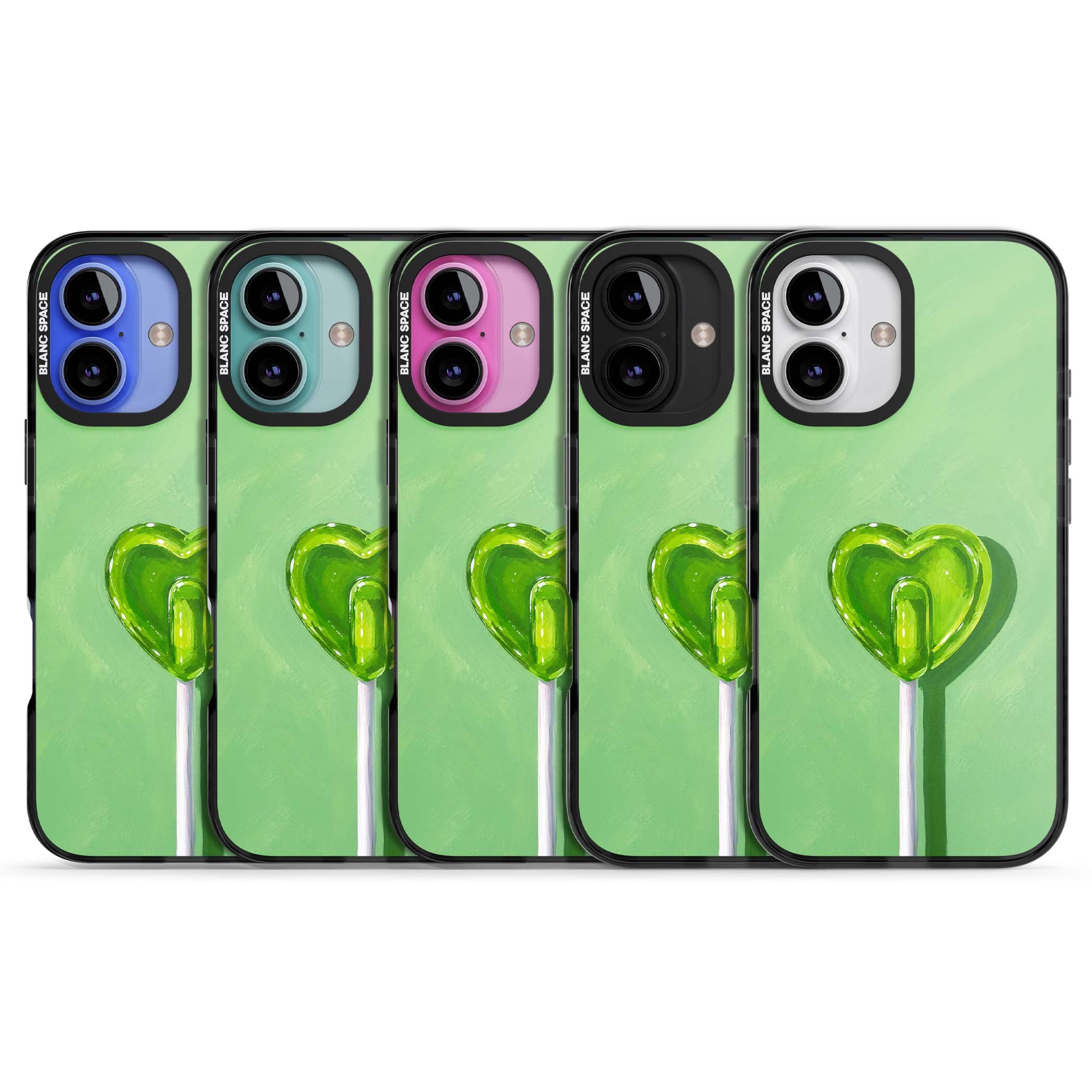 Green Lollipop candy art iPhone case featuring a glossy green heart-shaped lollipop on a painted pastel green background | Black Impact Magsafe case for iPhone 16, iPhone 16 Plus