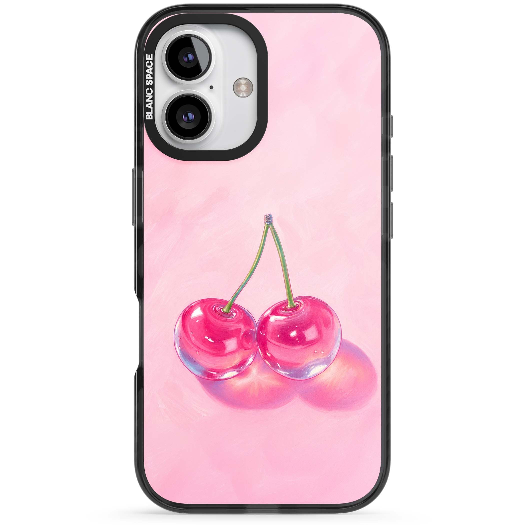 Pink Glass Cherry coquette iPhone case featuring two glossy painted cherries on a soft pink background | Black Impact Magsafe case for iPhone 16, iPhone 16 Plus