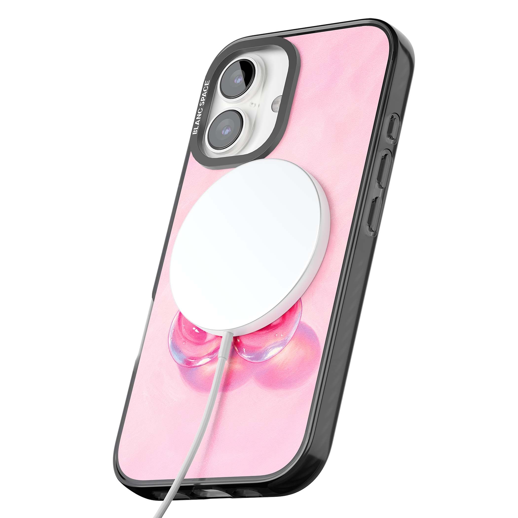 Pink Glass Cherry coquette iPhone case featuring two glossy painted cherries on a soft pink background | Black Impact Magsafe case for iPhone 16, iPhone 16 Plus