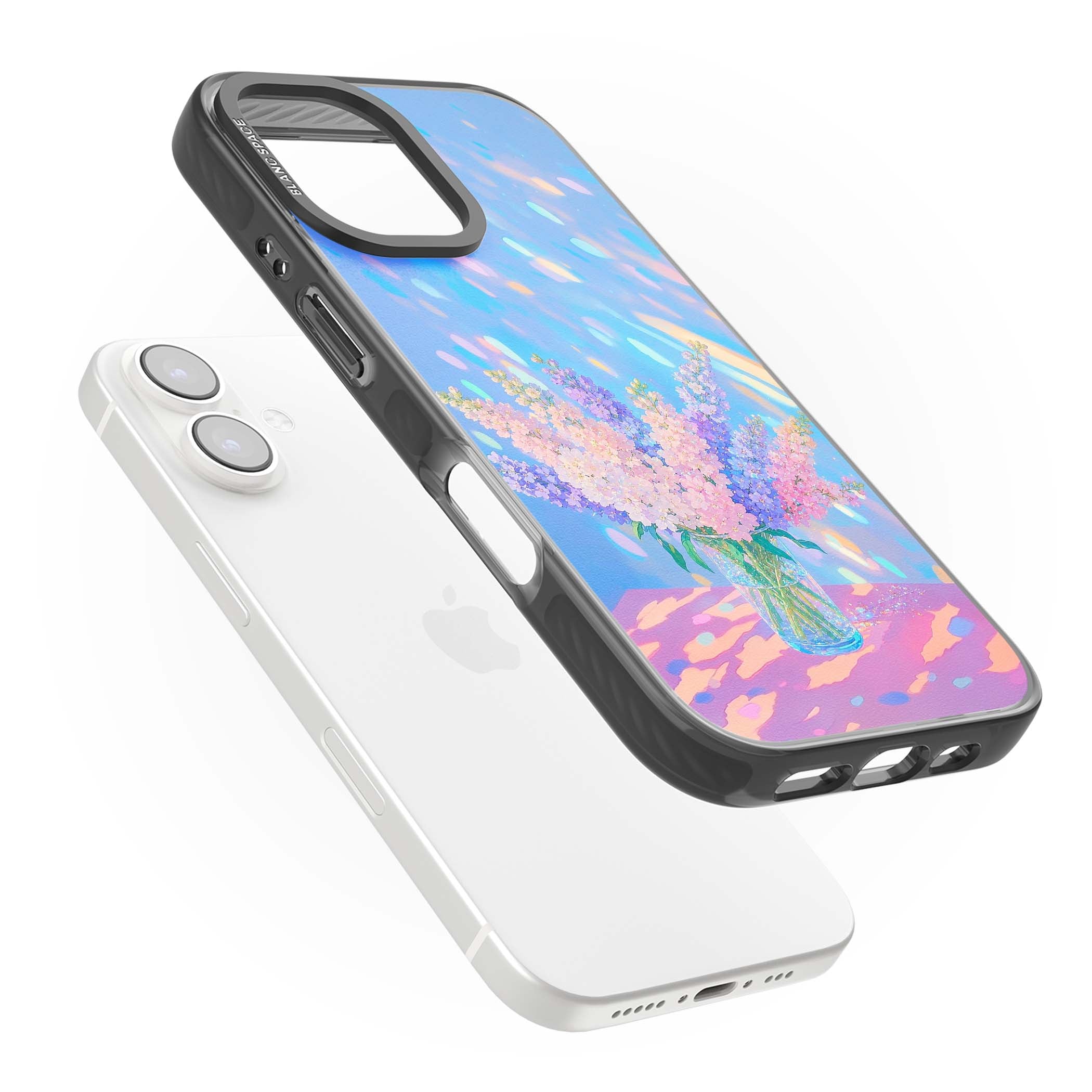 Bubblegum Flowers floral iPhone case featuring pastel lilac and pink bouquet in a glass vase with iridescent light | Black Impact Magsafe case for iPhone 16, iPhone 16 Plus