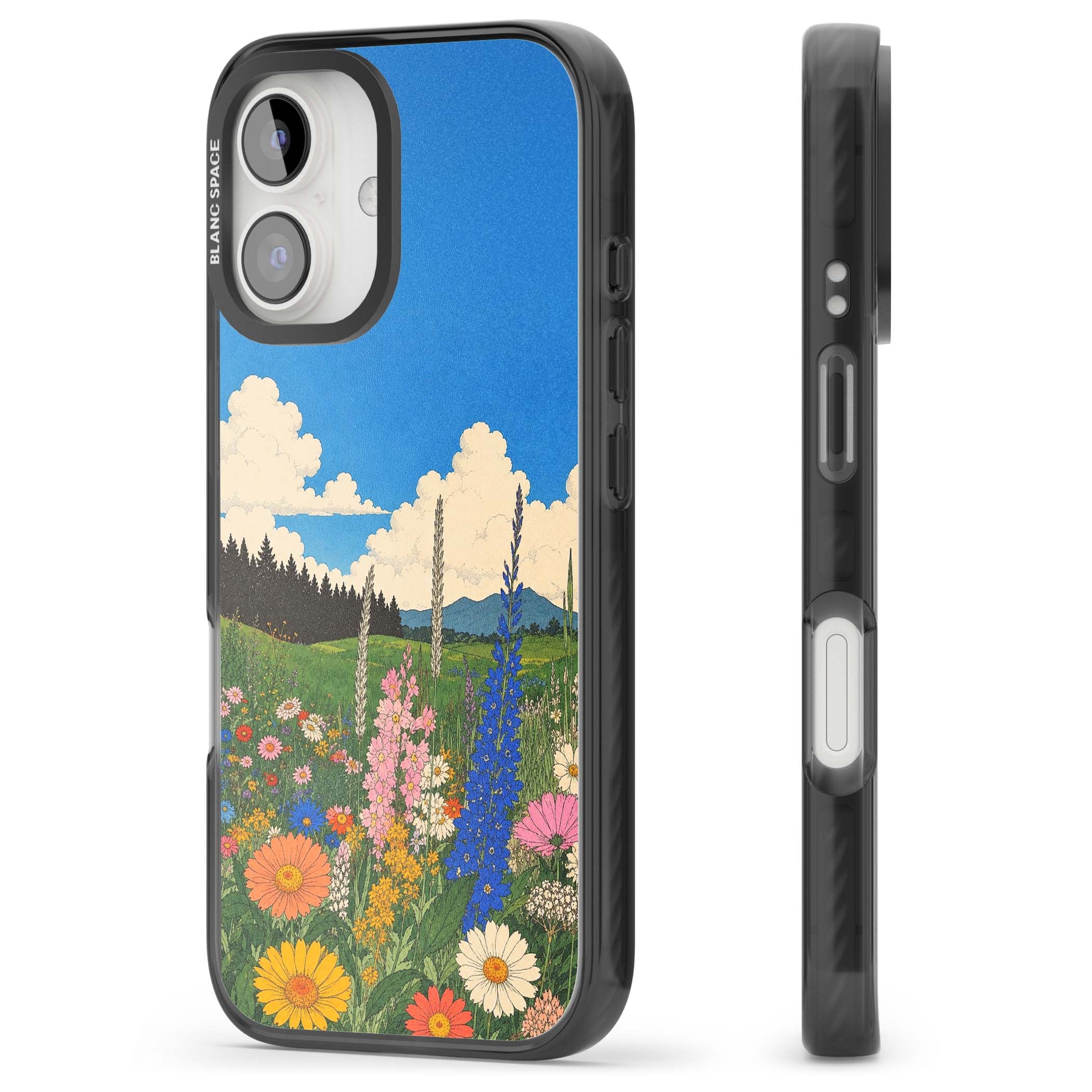 Wildbloom wildflower iPhone case featuring a vintage Japanese-style meadow landscape with daisies, delphiniums and moun | Black Impact Magsafe case for iPhone 16, iPhone 16 Plus