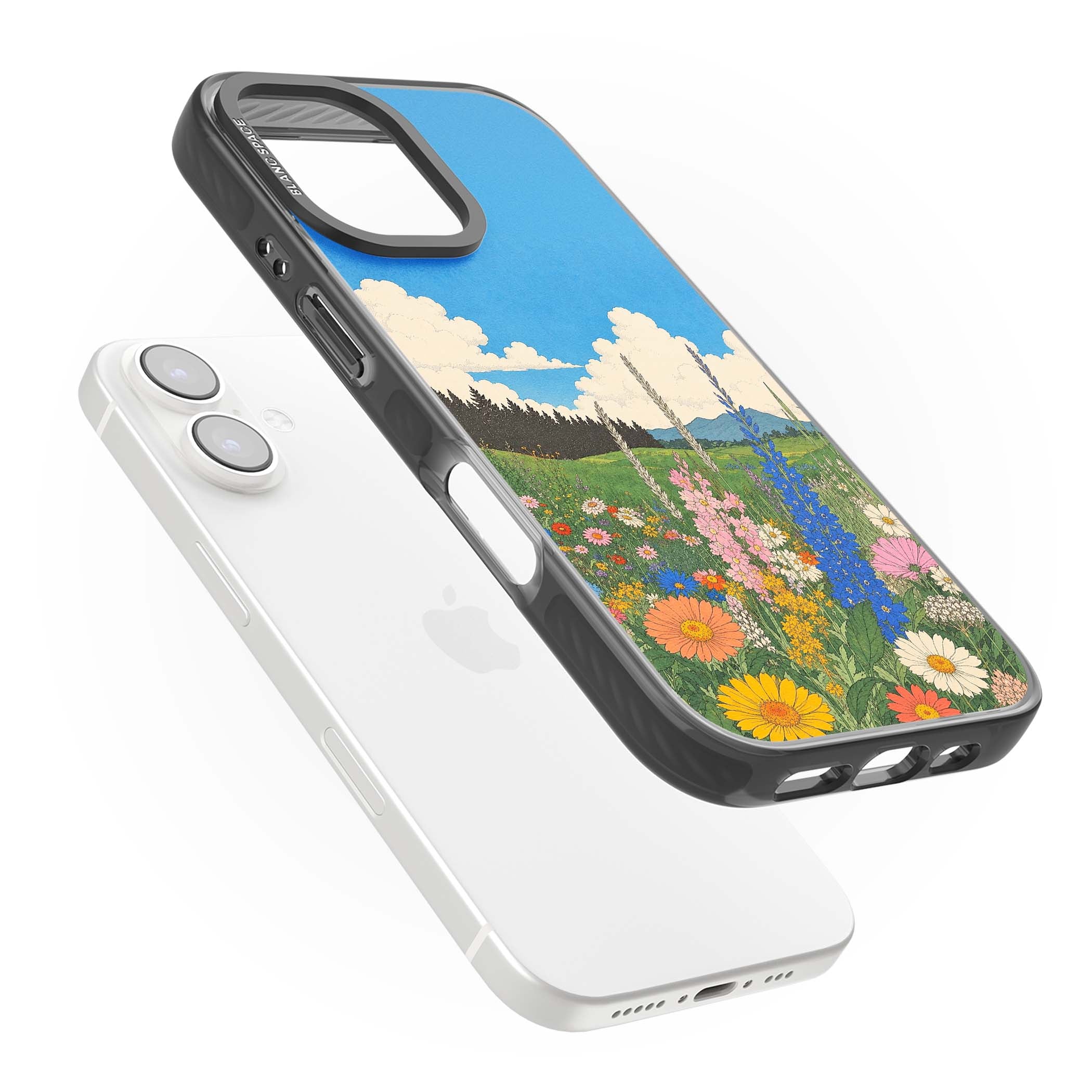 Wildbloom wildflower iPhone case featuring a vintage Japanese-style meadow landscape with daisies, delphiniums and moun | Black Impact Magsafe case for iPhone 16, iPhone 16 Plus