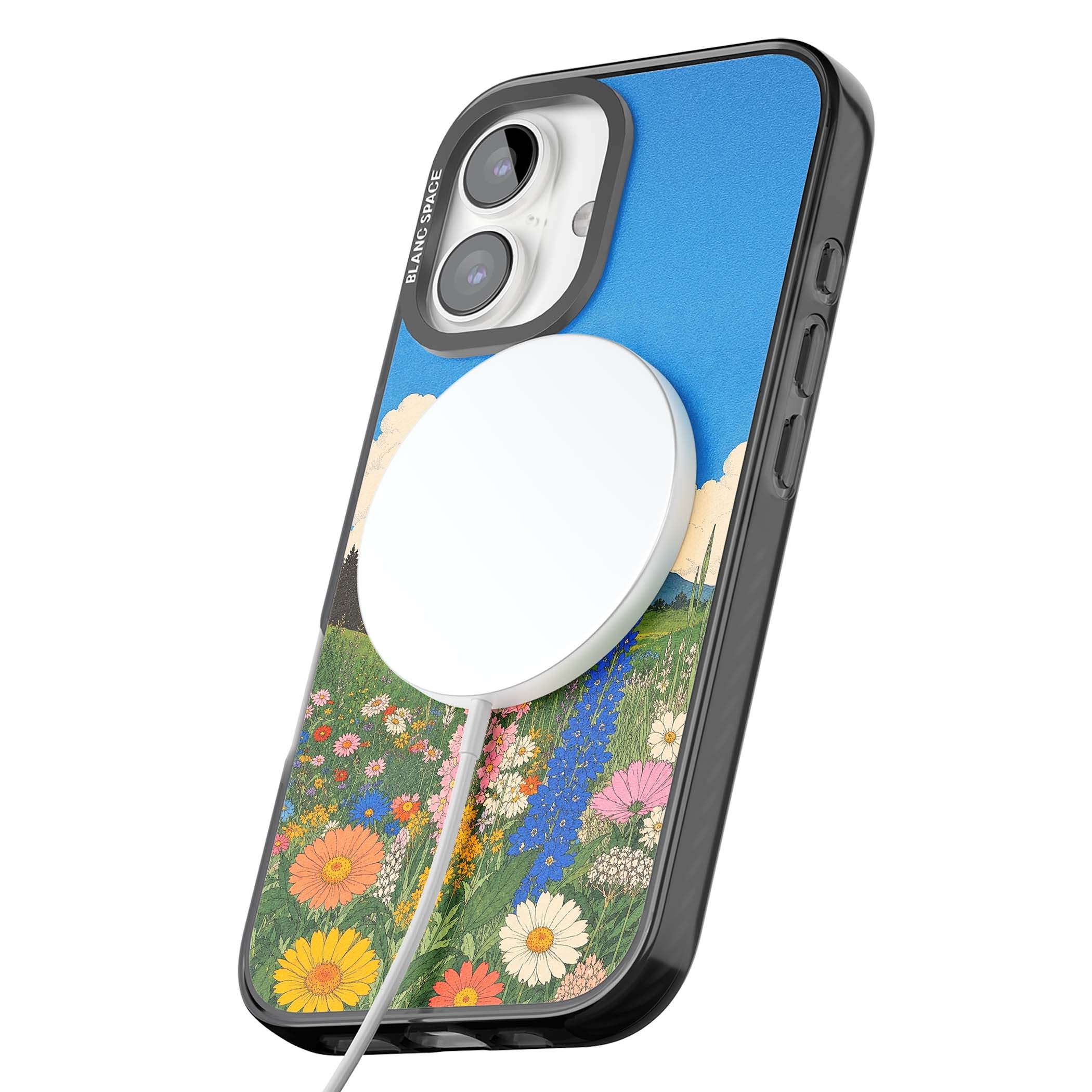 Wildbloom wildflower iPhone case featuring a vintage Japanese-style meadow landscape with daisies, delphiniums and moun | Black Impact Magsafe case for iPhone 16, iPhone 16 Plus