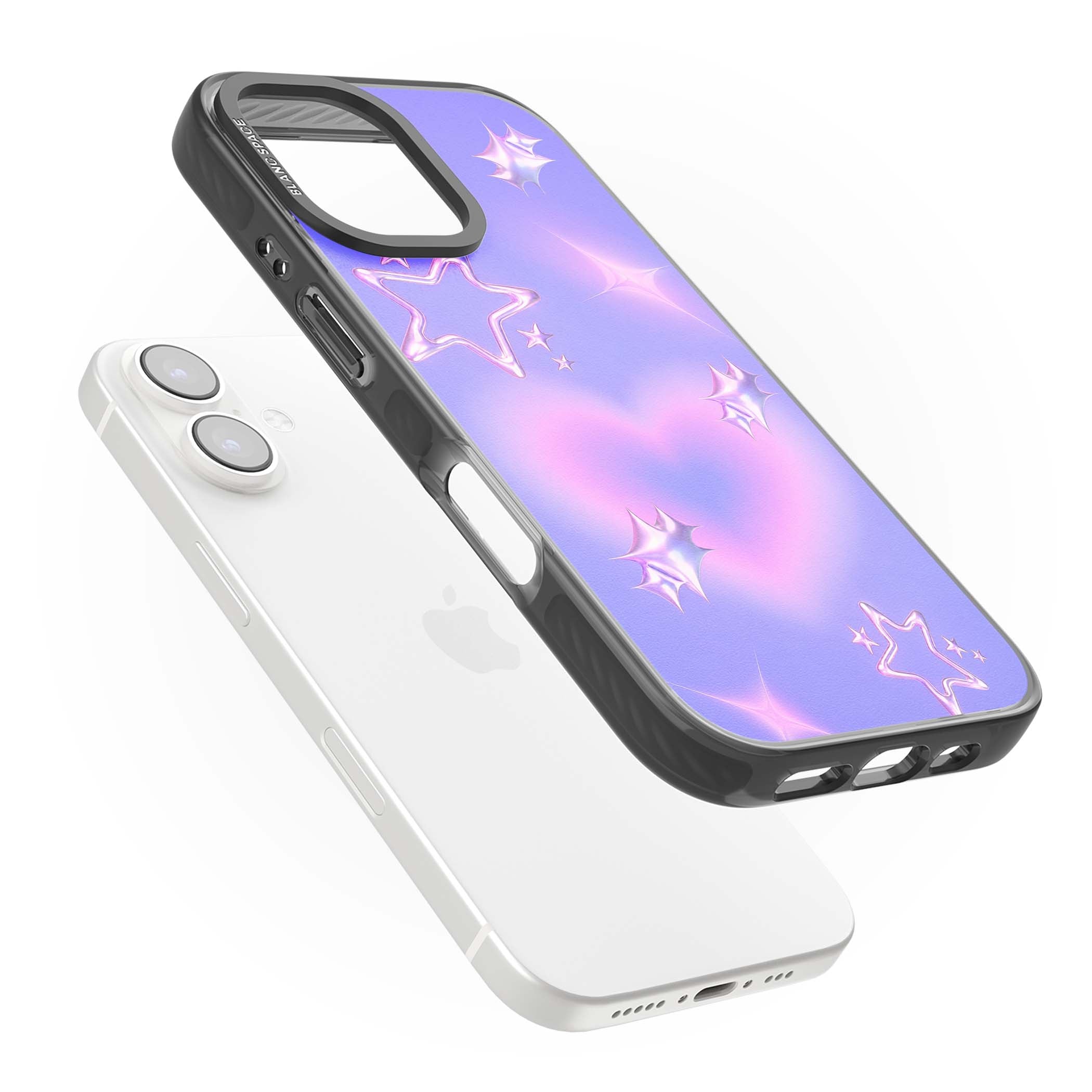 Soft Sugar Y2K iPhone case featuring iridescent chrome hearts, metallic pink stars and a lavender gradient sky | Black Impact Magsafe case for iPhone 16, iPhone 16 Plus