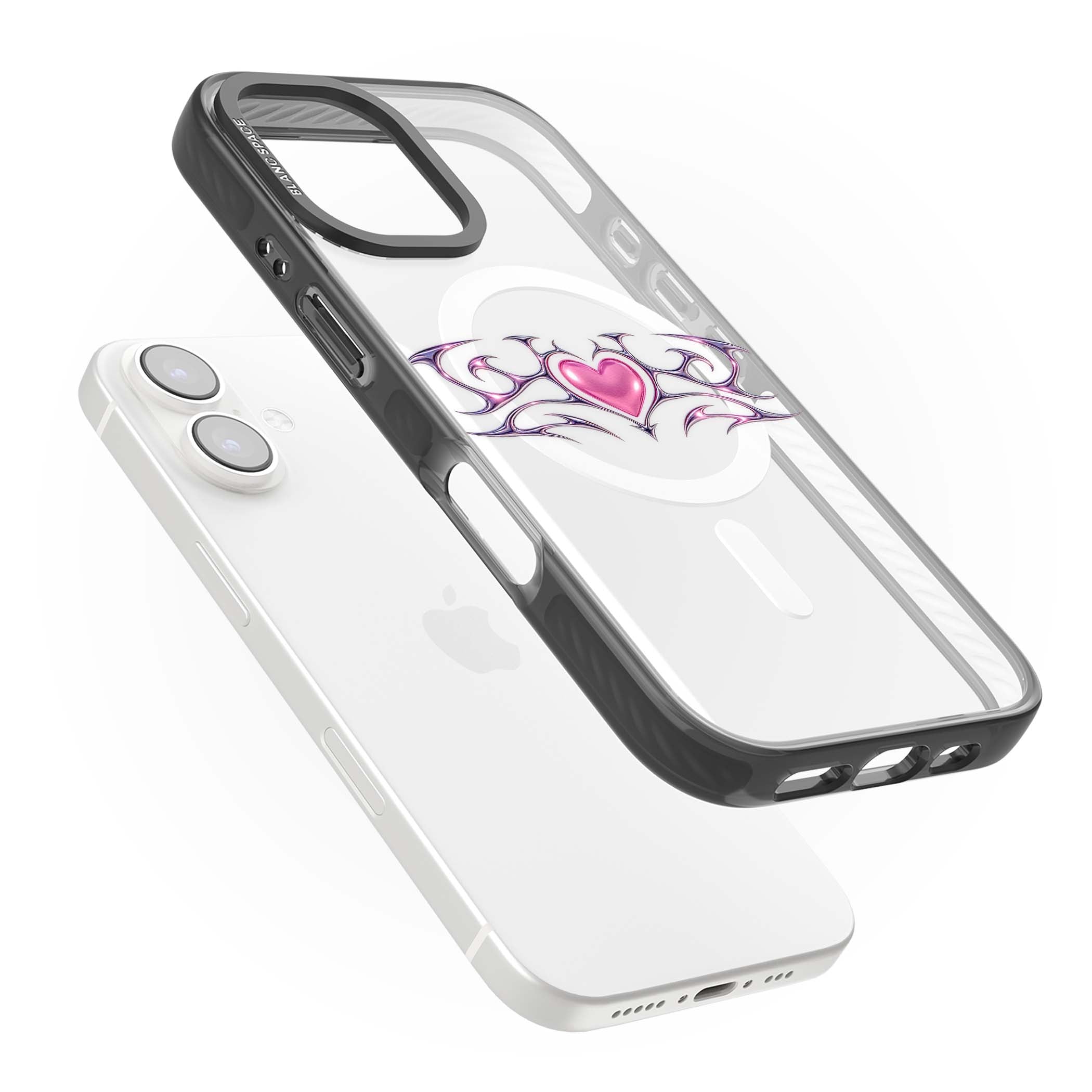 Pink Chrome Heart y2k iPhone case | Black Impact Magsafe case for iPhone 16, iPhone 16 Plus