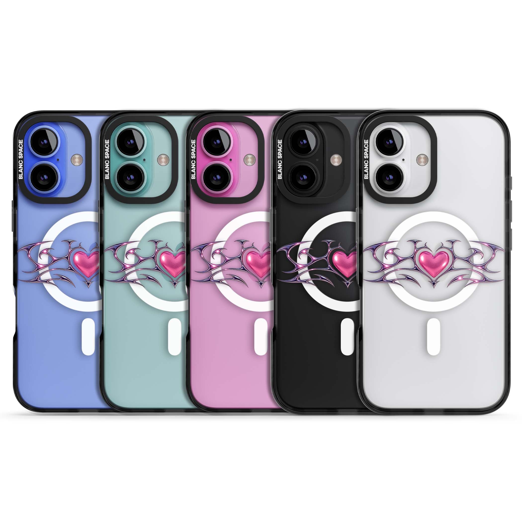 Pink Chrome Heart y2k iPhone case | Black Impact Magsafe case for iPhone 16, iPhone 16 Plus