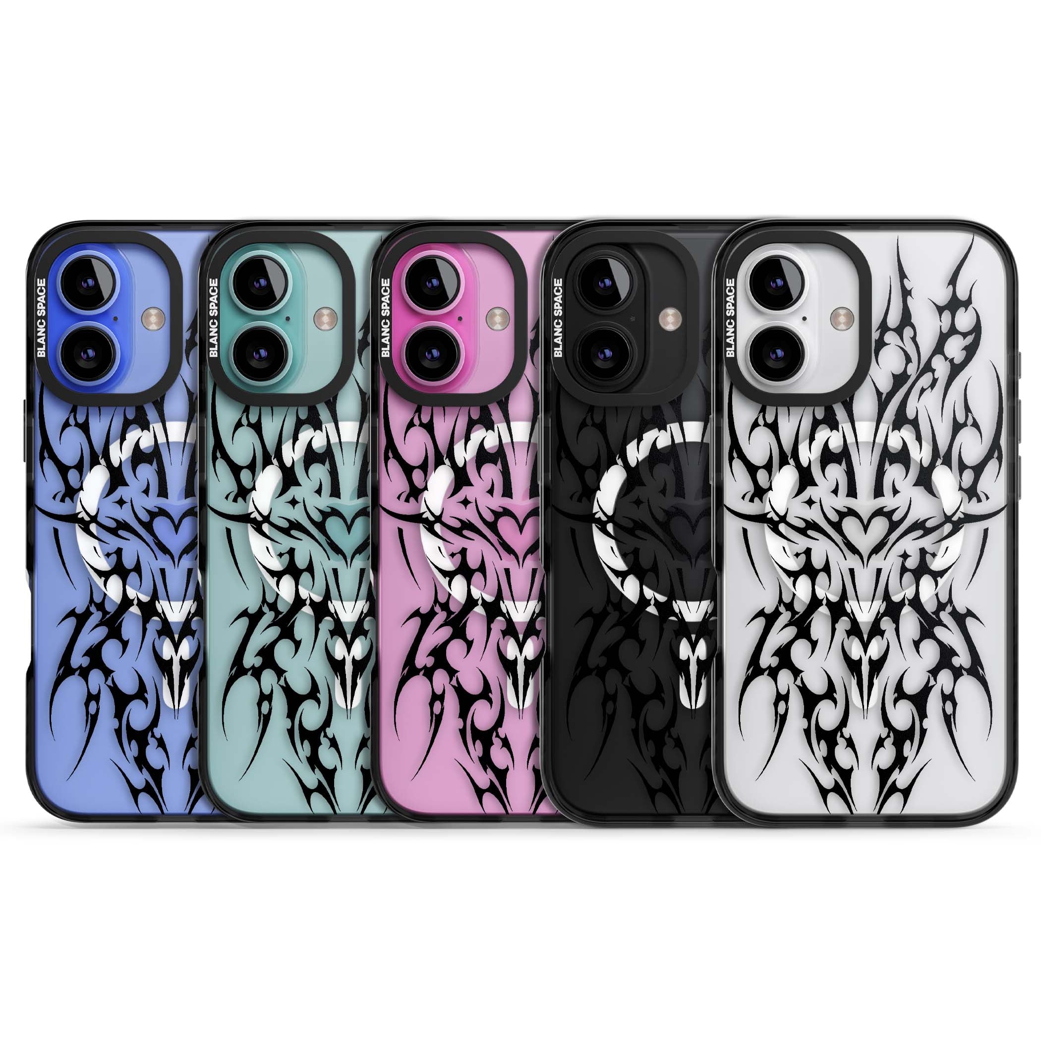 Neo Tribal Heart gothic iPhone case featuring symmetrical black tribal tattoo art with sharp thorn-like linework | Black Impact Magsafe case for iPhone 16, iPhone 16 Plus