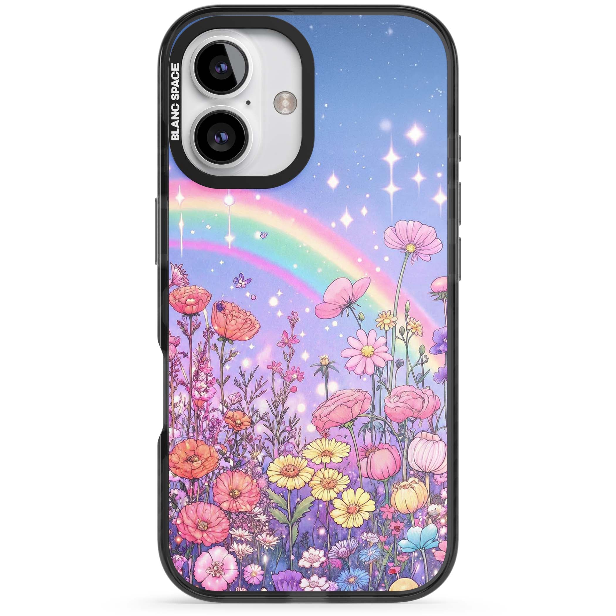 Magical Meadow fairycore iPhone case featuring a pastel rainbow, sparkling stars and a wildflower meadow | Black Impact case for iPhone 16, iPhone 16 Plus