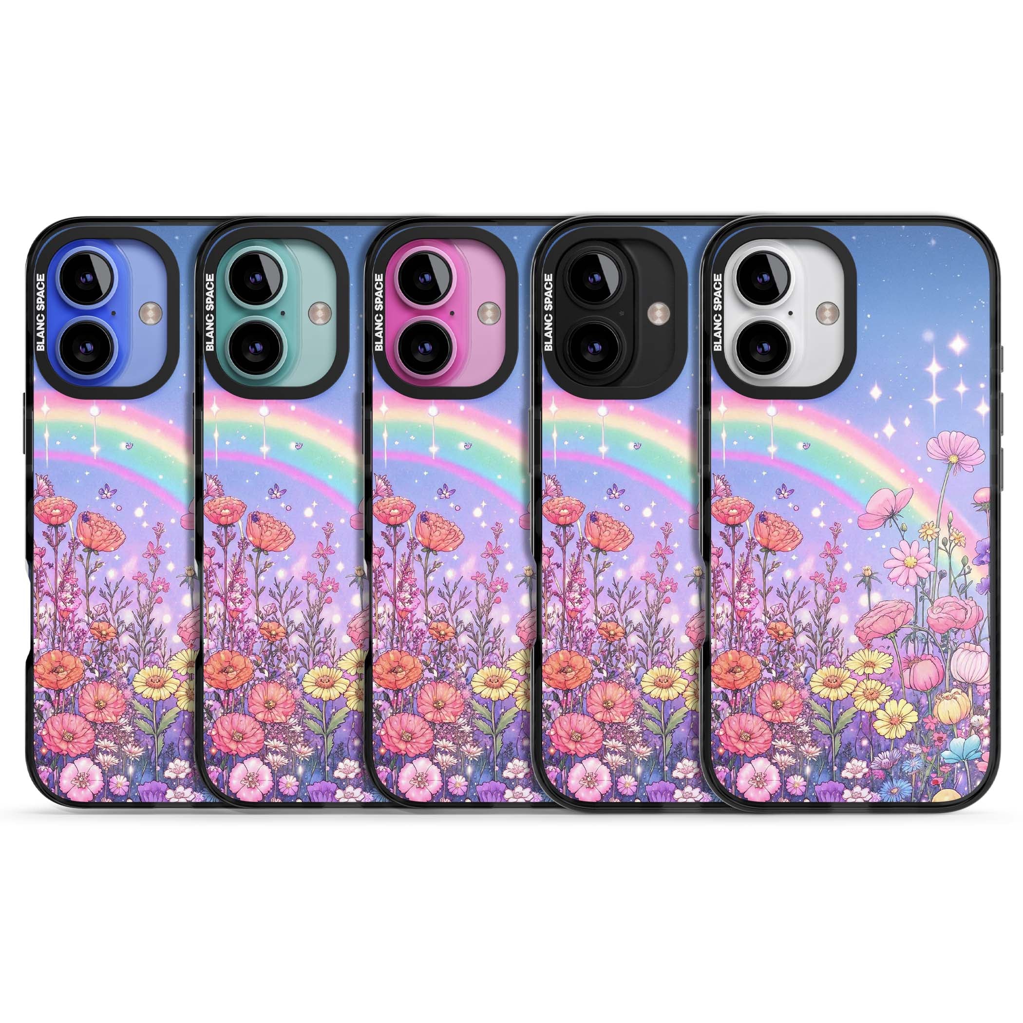 Magical Meadow fairycore iPhone case featuring a pastel rainbow, sparkling stars and a wildflower meadow | Black Impact case for iPhone 16, iPhone 16 Plus