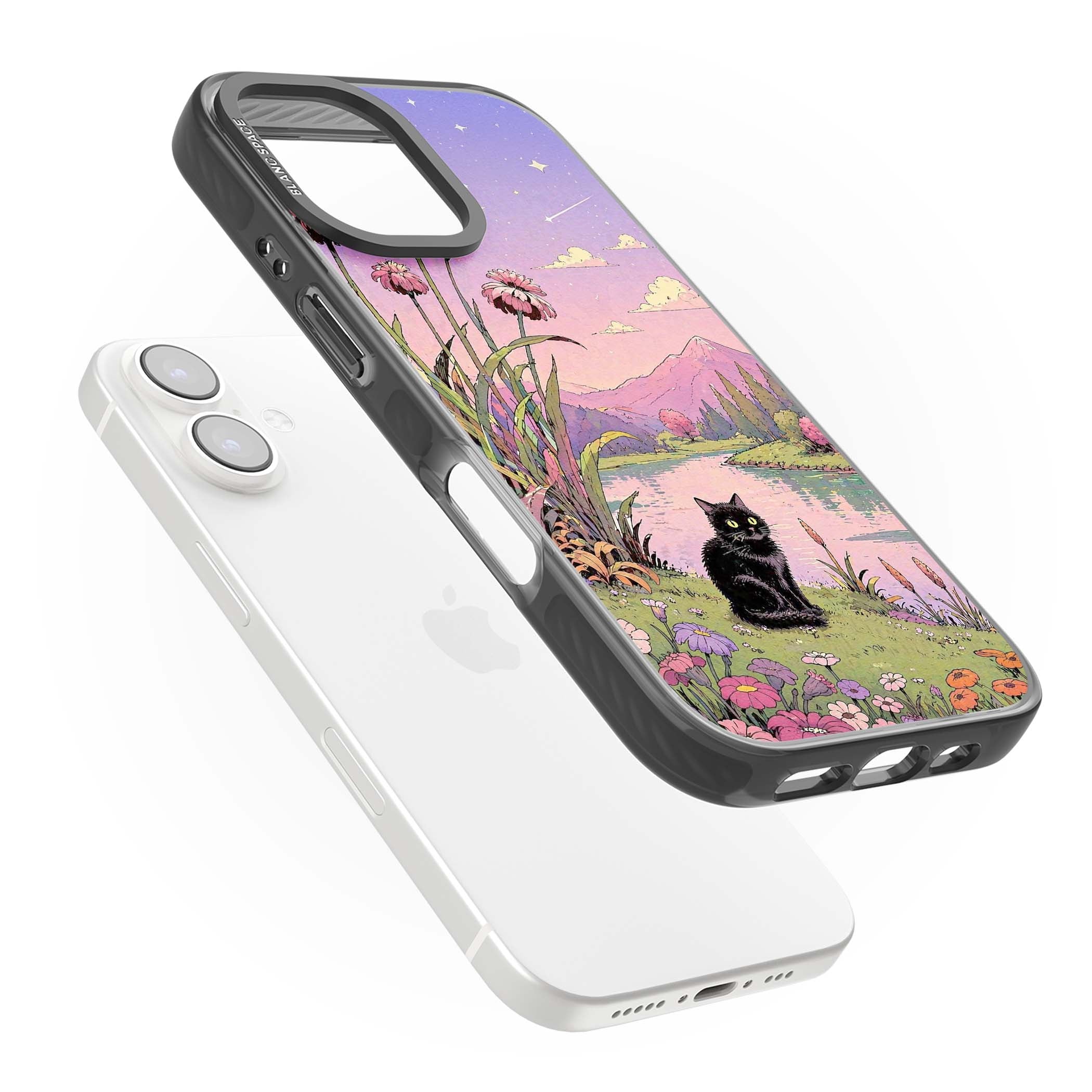 Mystic Whiskers ghibli iPhone case featuring a black cat by a pastel lake, wildflowers and a starry sunset sky | Black Impact case for iPhone 16, iPhone 16 Plus