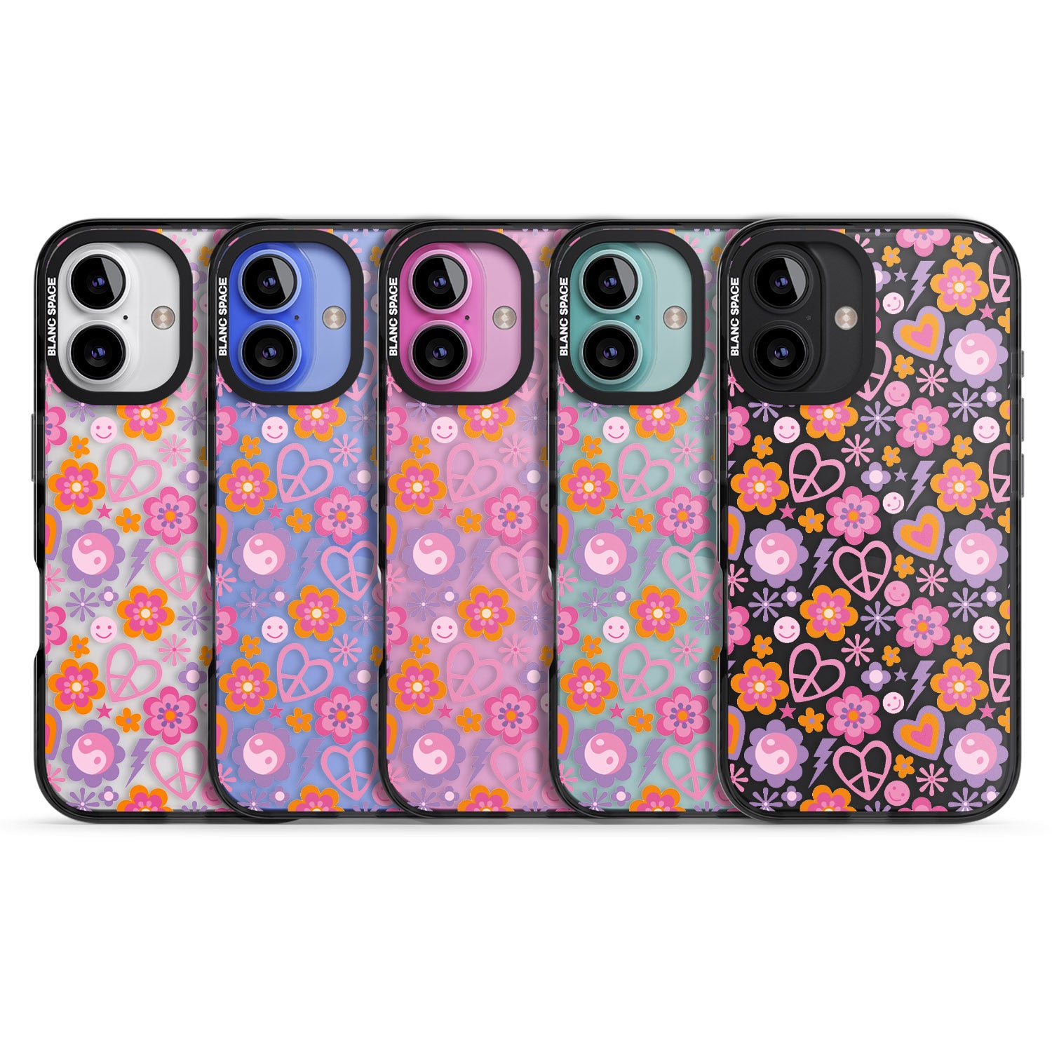 iPhone 16 Pro Max Peace, Love and Flowers Pattern Black Impact Phone Case