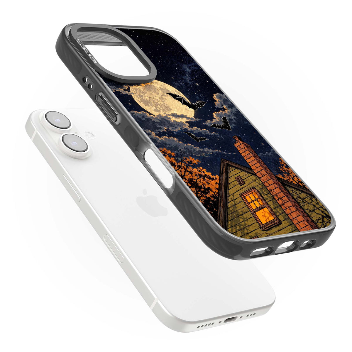 Hollows Eve Halloween iPhone case featuring a haunted house, full moon and flying bats against a starry autumn sky | Black Impact case for iPhone 16, iPhone 16 Plus