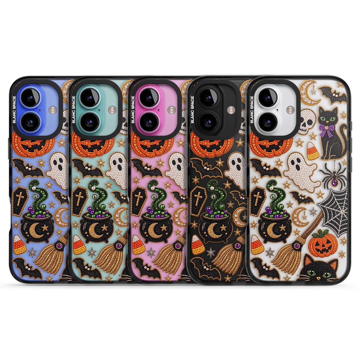 Beaded Halloween Halloween iPhone case featuring beaded pumpkins, ghosts, black cats and bats | Black Impact case for iPhone 16, iPhone 16 Plus