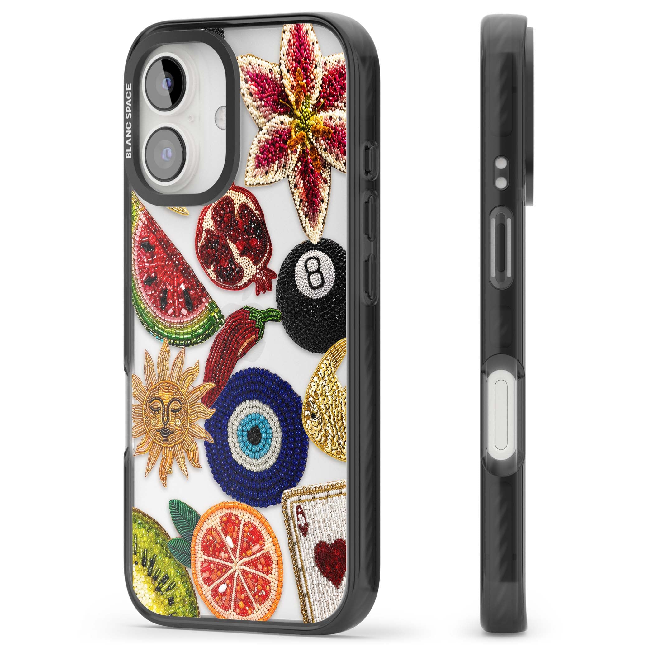 Beaded Charms embroidery iPhone case featuring beaded evil eye, fruit patches and a golden sun motif | Black Impact case for iPhone 16, iPhone 16 Plus
