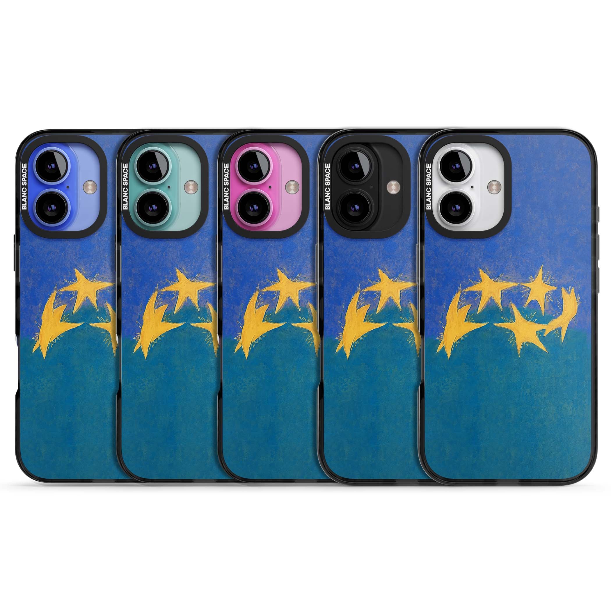 Star Boogie stars aesthetic iPhone case featuring five yellow hand-painted stars on cobalt blue and teal | Black Impact case for iPhone 16, iPhone 16 Plus