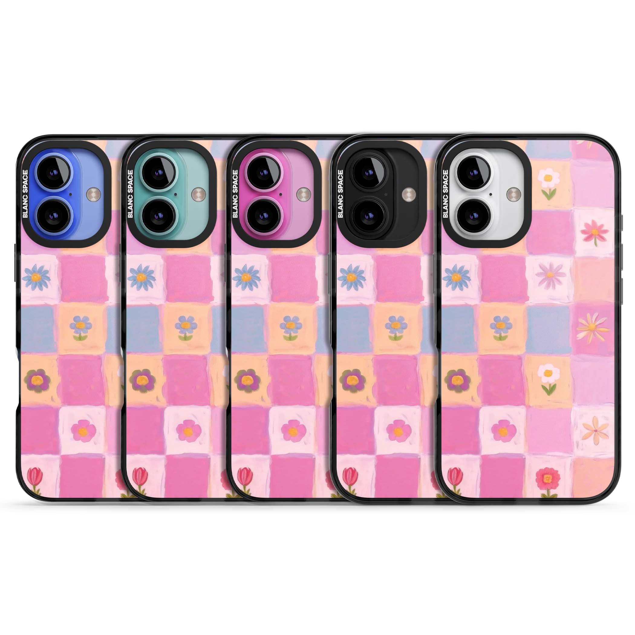 Pastel Flower Patchwork cottagecore iPhone case featuring painted pink and lilac squares with daisies and wildflowers | Black Impact case for iPhone 16, iPhone 16 Plus