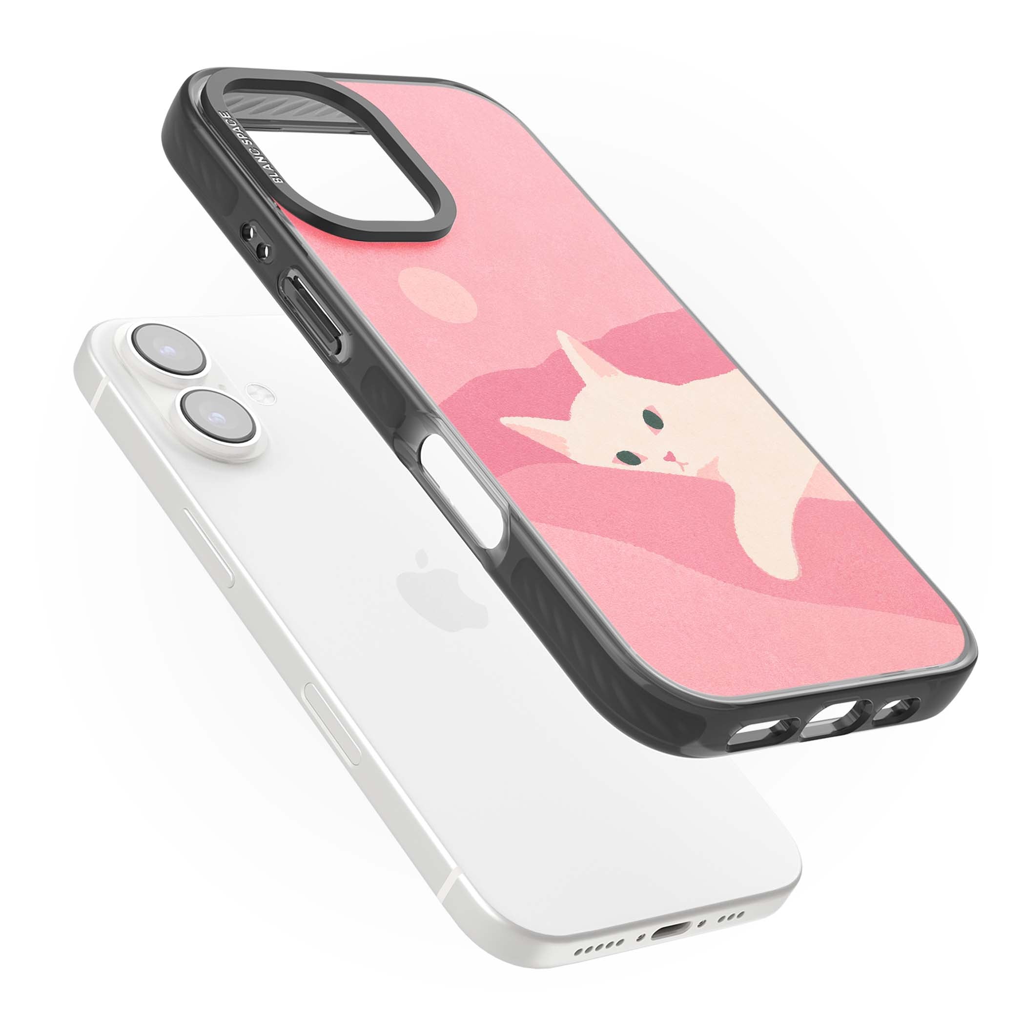 Pink Dreams cute cat iPhone case featuring a white kitten, soft pink hills and a pale pastel sun | Black Impact case for iPhone 16, iPhone 16 Plus