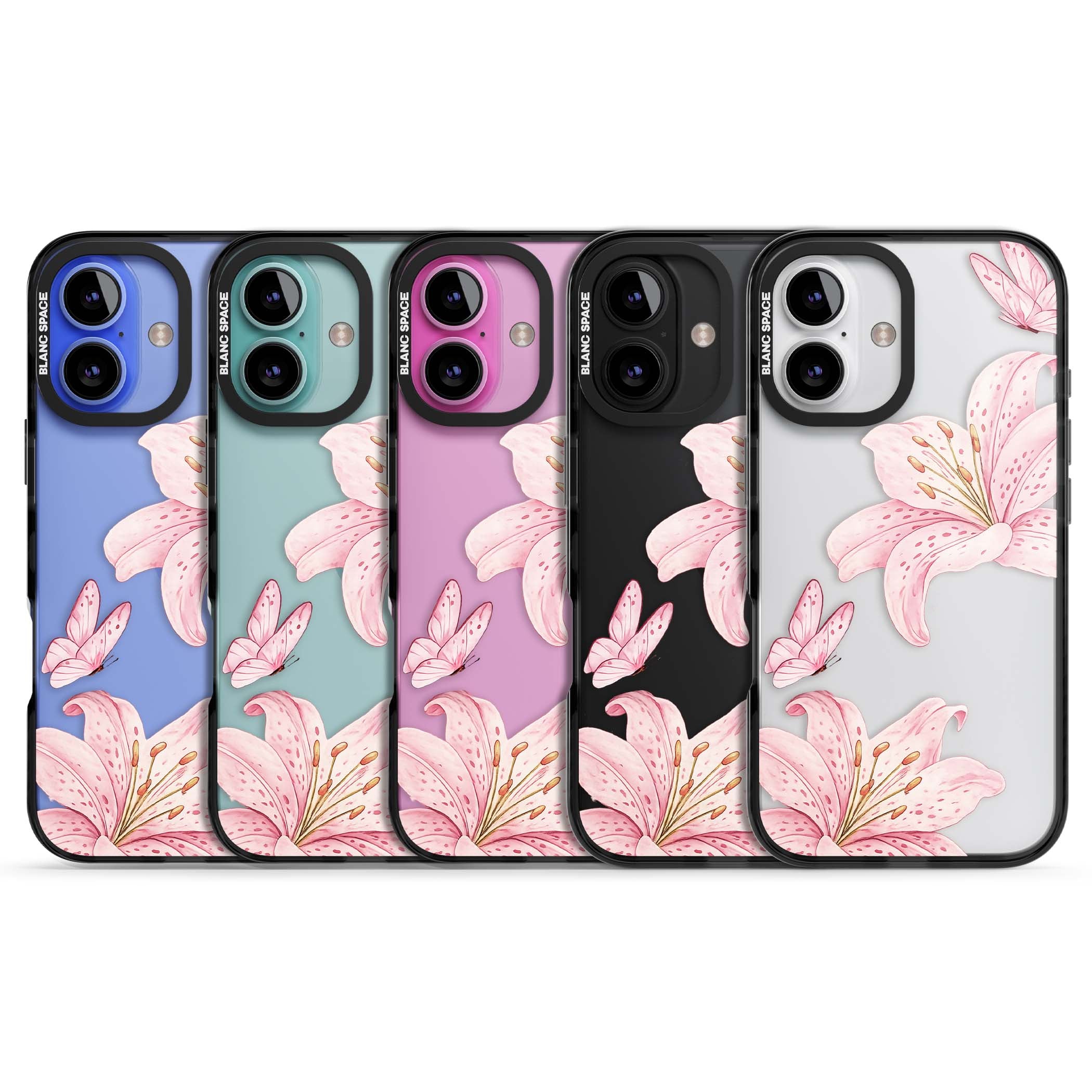 Lily Whisper floral iPhone case featuring pink watercolour lilies and delicate butterflies on a clear background | Black Impact case for iPhone 16, iPhone 16 Plus