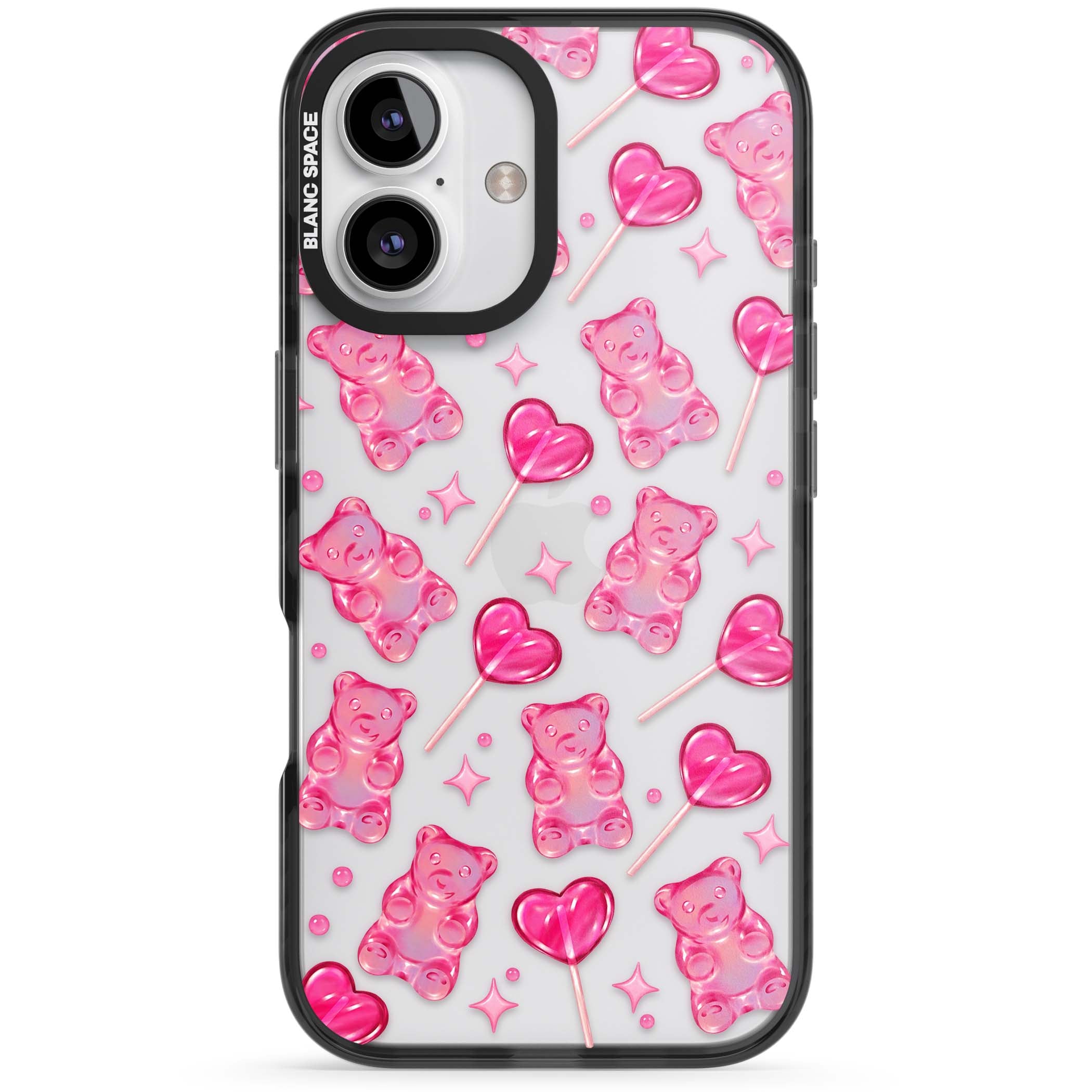 Pink Sugar pinkcore iPhone case featuring pink gummy bears, heart-shaped lollipops and sparkle stars | Black Impact case for iPhone 16, iPhone 16 Plus