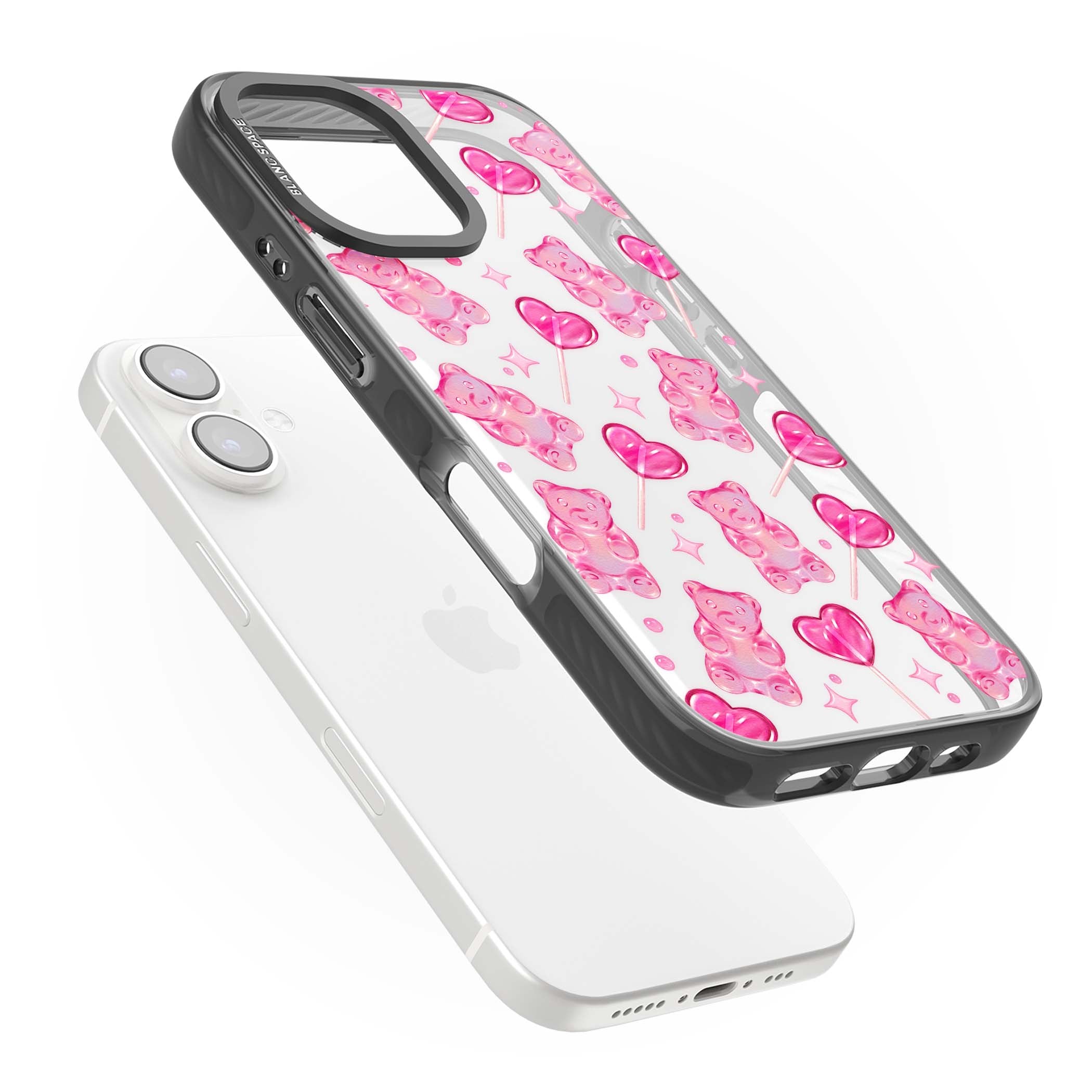 Pink Sugar pinkcore iPhone case featuring pink gummy bears, heart-shaped lollipops and sparkle stars | Black Impact case for iPhone 16, iPhone 16 Plus