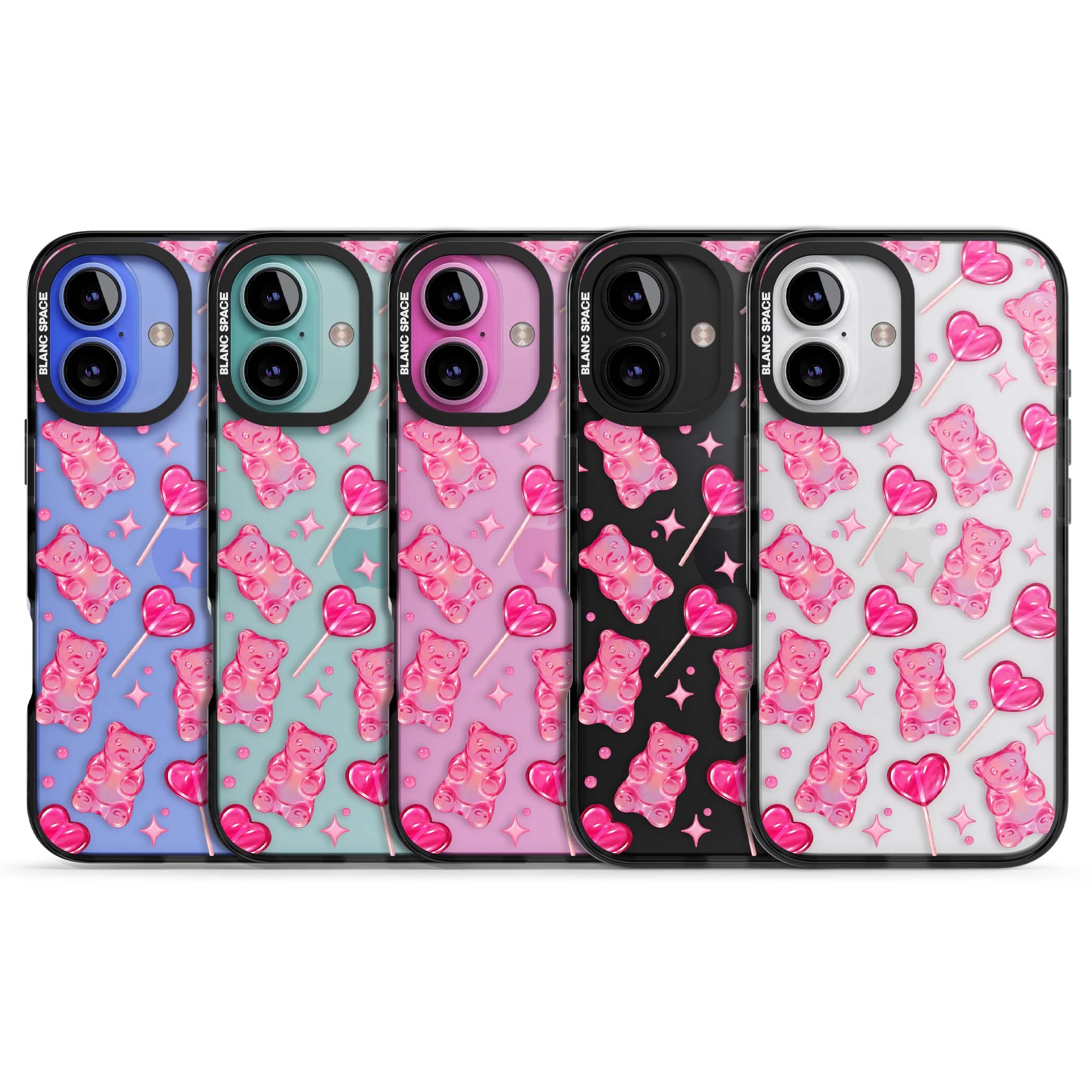 Pink Sugar pinkcore iPhone case featuring pink gummy bears, heart-shaped lollipops and sparkle stars | Black Impact case for iPhone 16, iPhone 16 Plus