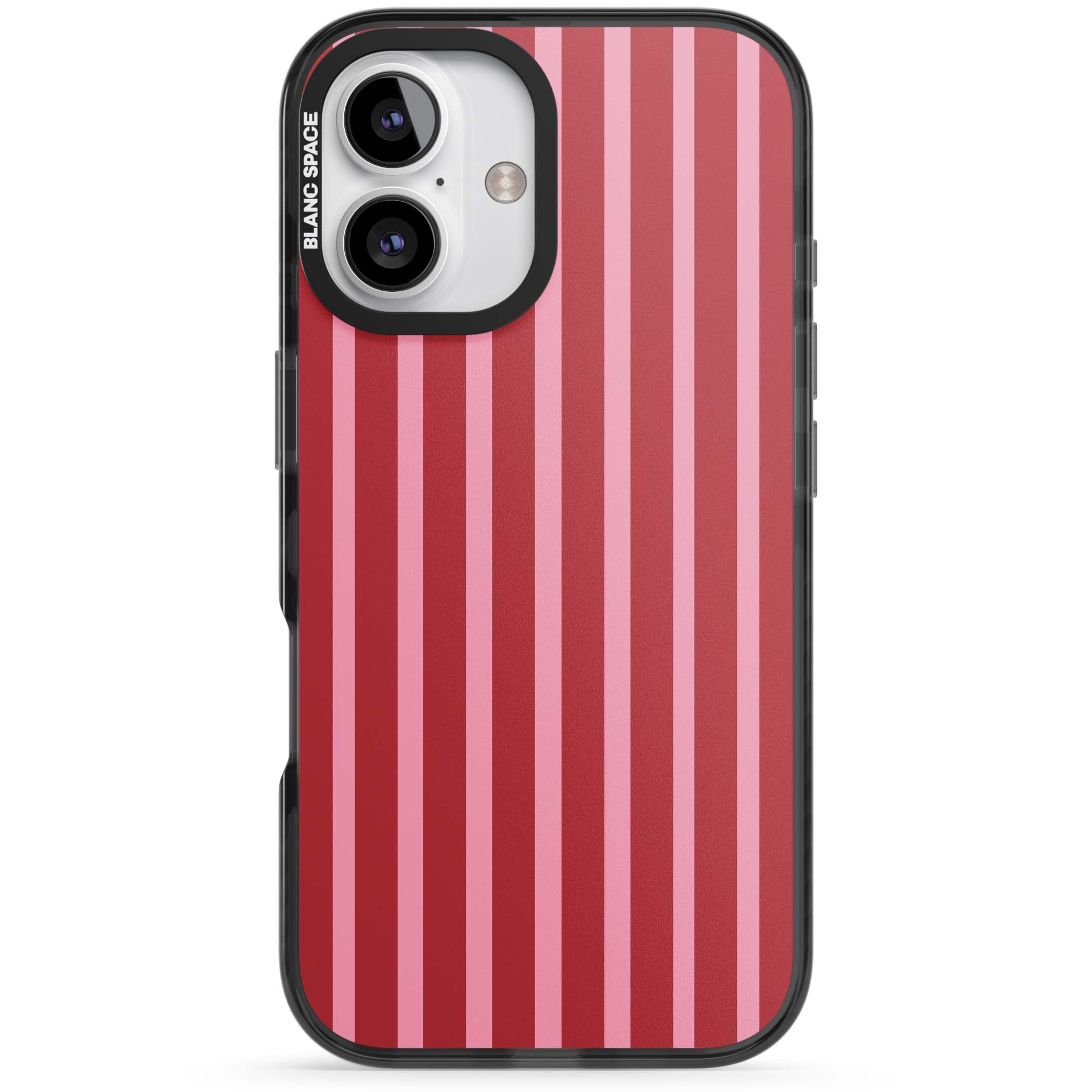 Raspberry Stripe coquette iPhone case featuring red and pink vertical stripes in a candy-inspired pattern | Black Impact case for iPhone 16, iPhone 16 Plus