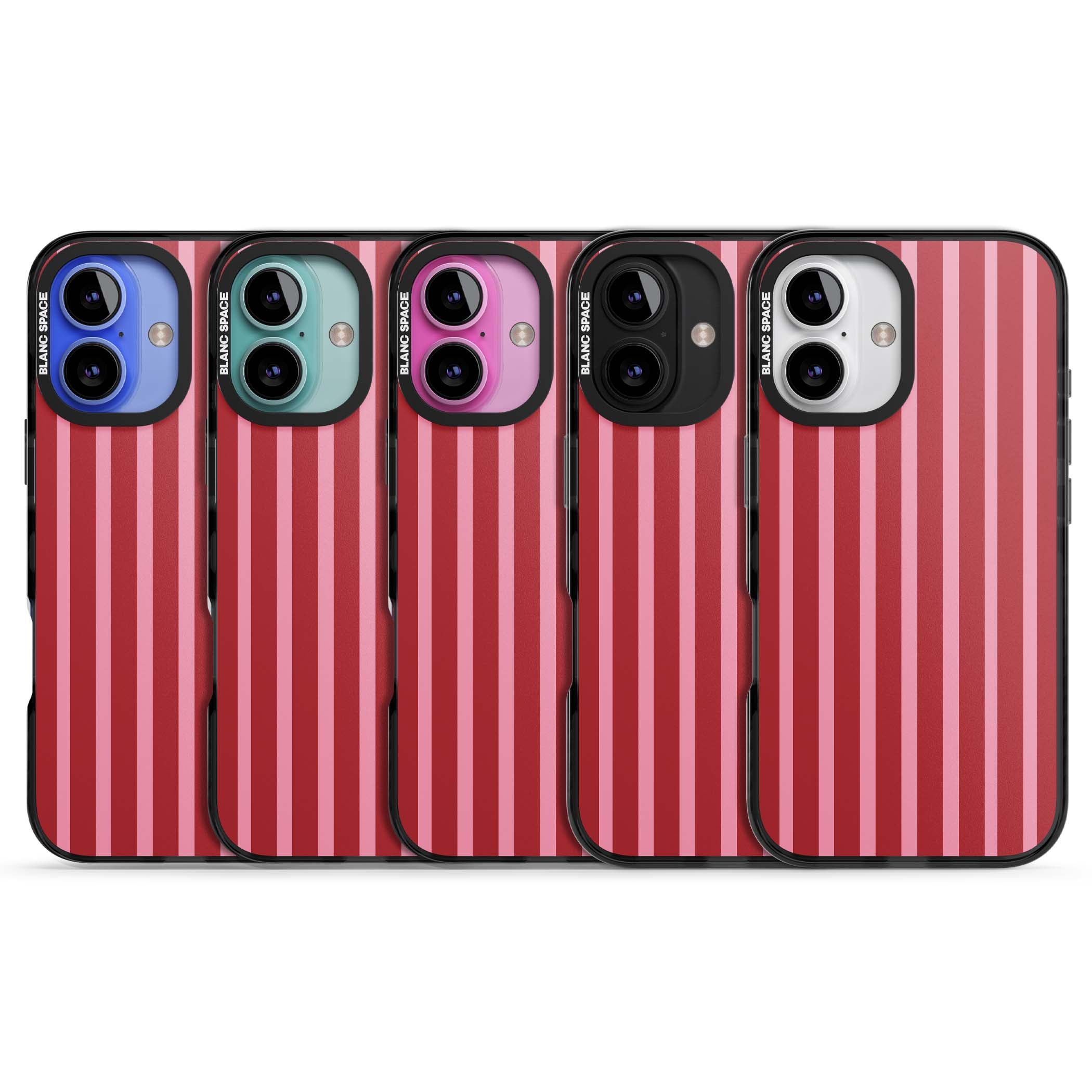 Raspberry Stripe coquette iPhone case featuring red and pink vertical stripes in a candy-inspired pattern | Black Impact case for iPhone 16, iPhone 16 Plus