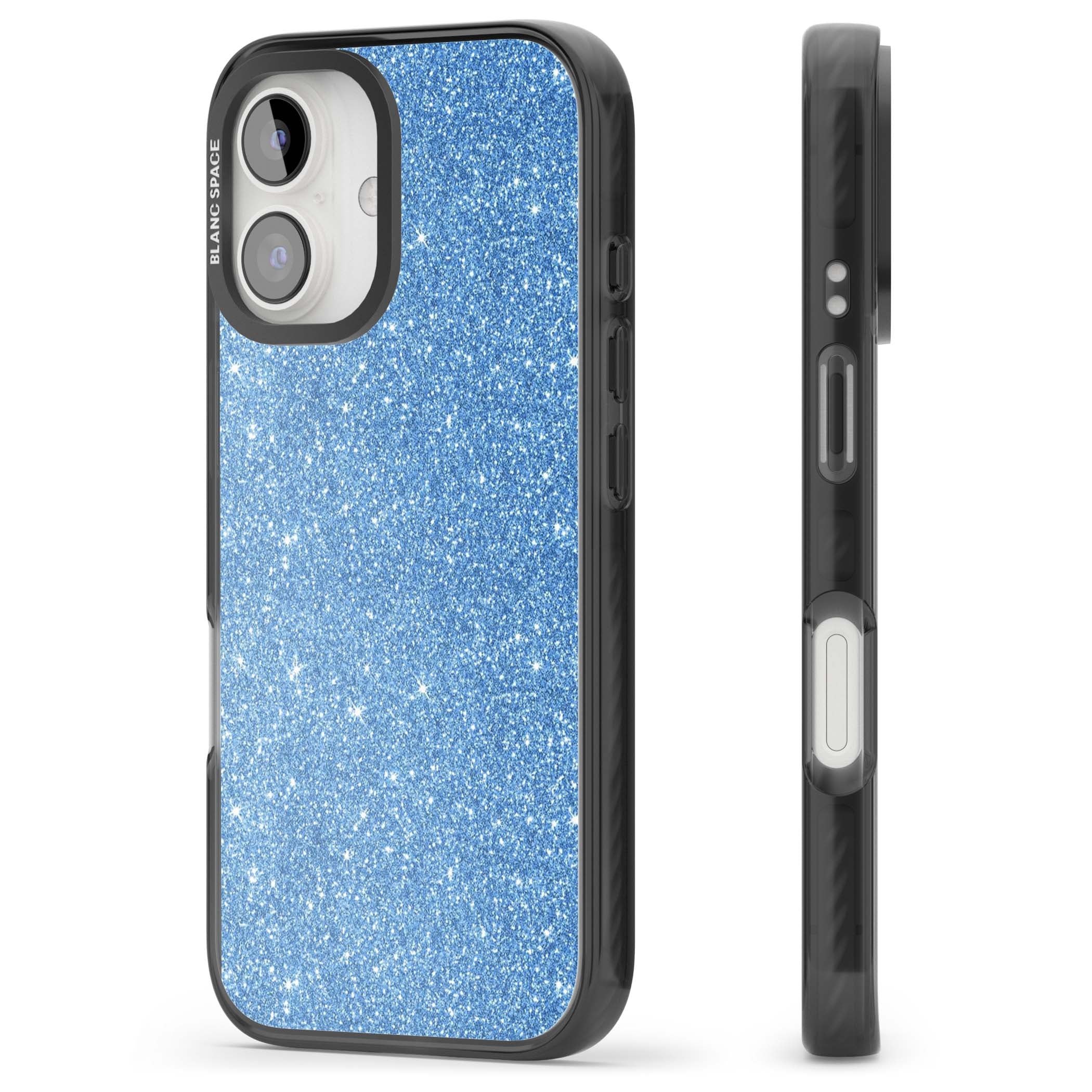 Blue Glitter blue glitter iPhone case featuring dense sparkling cerulean glitter with a glamorous shimmering finish | Black Impact case for iPhone 16, iPhone 16 Plus