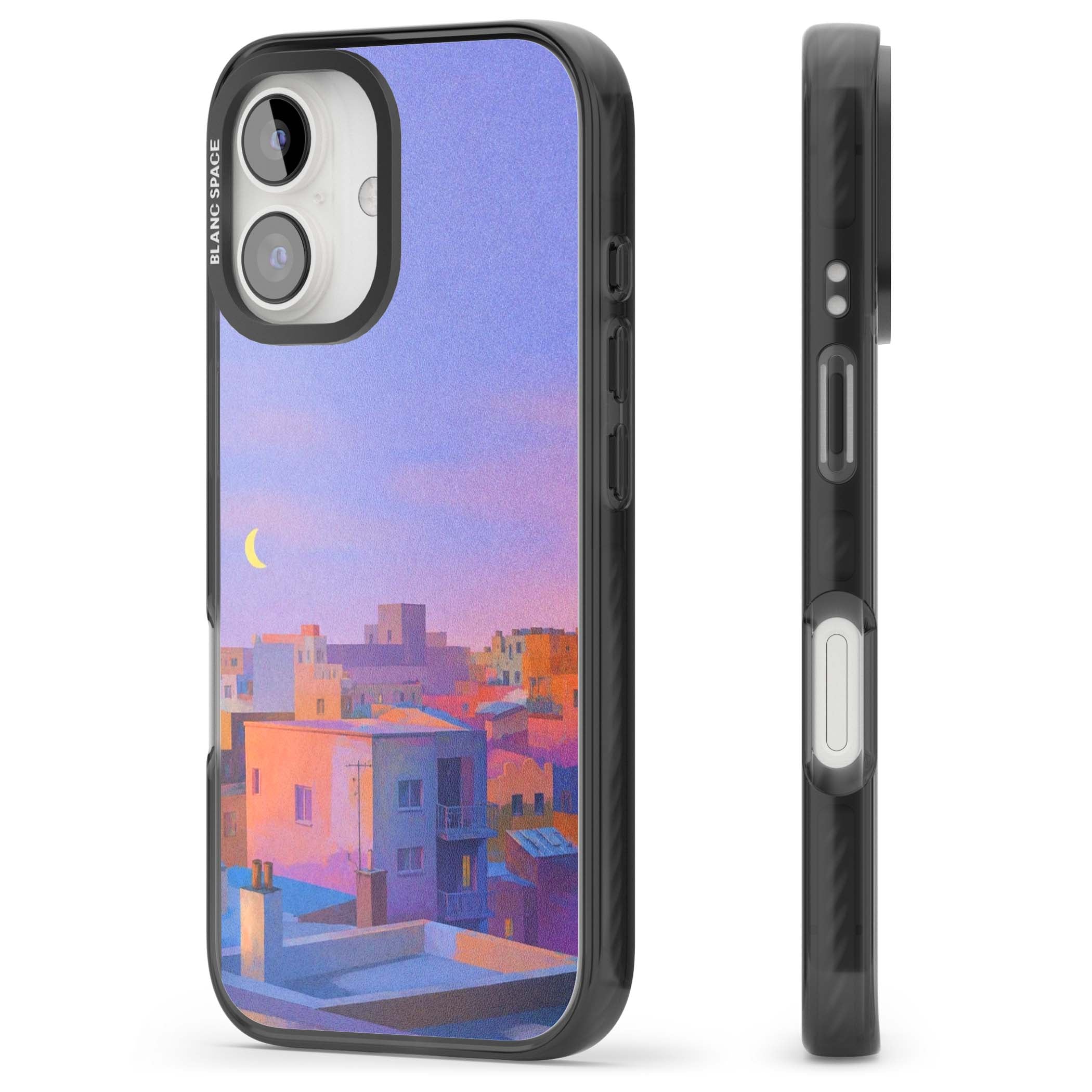 Twilight Rooftops vaporwave iPhone case featuring a pastel sunset cityscape, painted rooftops and a crescent moon. | Black Impact case for iPhone 16, iPhone 16 Plus