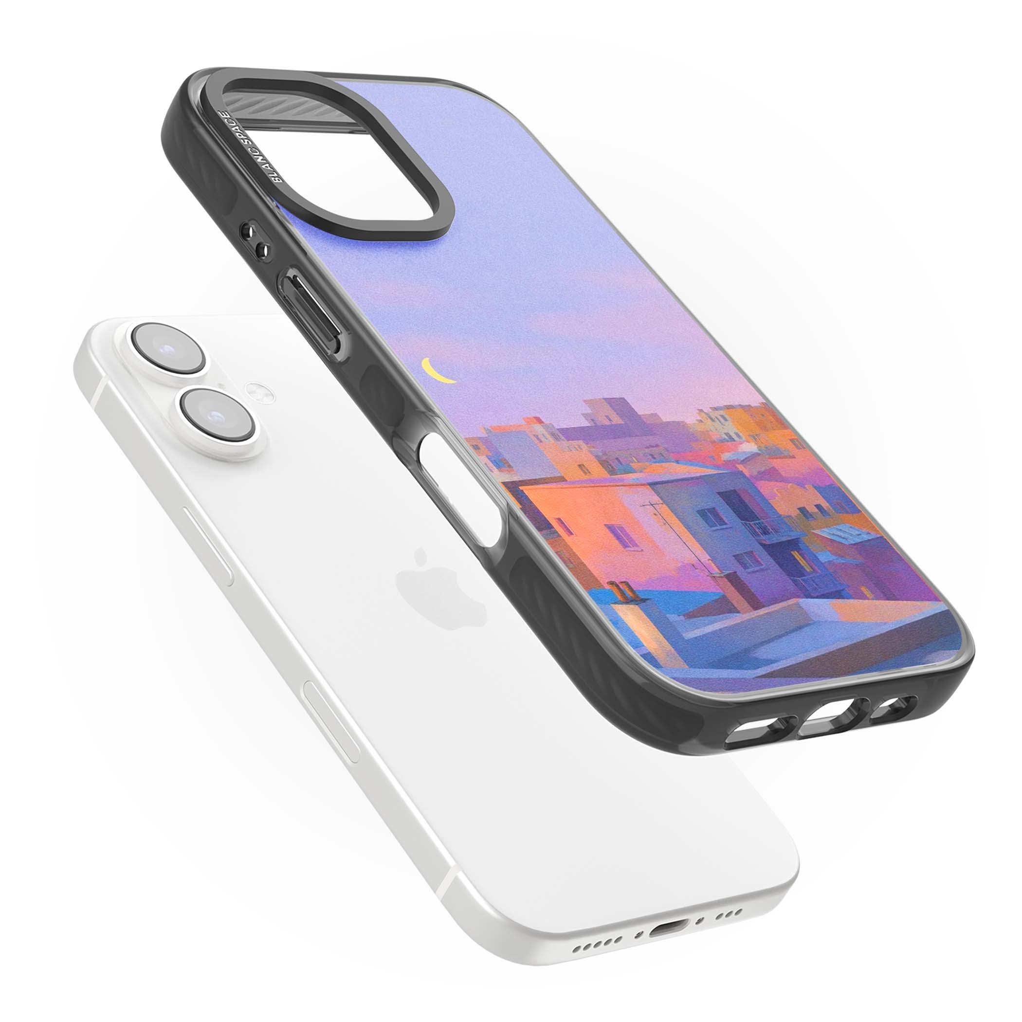 Twilight Rooftops vaporwave iPhone case featuring a pastel sunset cityscape, painted rooftops and a crescent moon. | Black Impact case for iPhone 16, iPhone 16 Plus