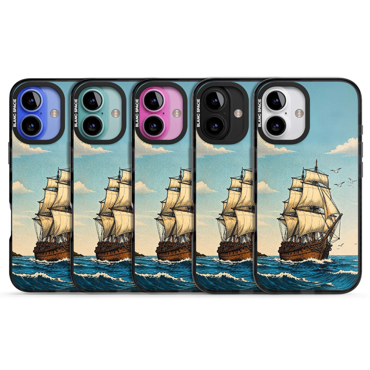 Ship at Sea nautical iPhone case featuring a vintage tall ship, ocean waves and seagulls | Black Impact case for iPhone 16, iPhone 16 Plus