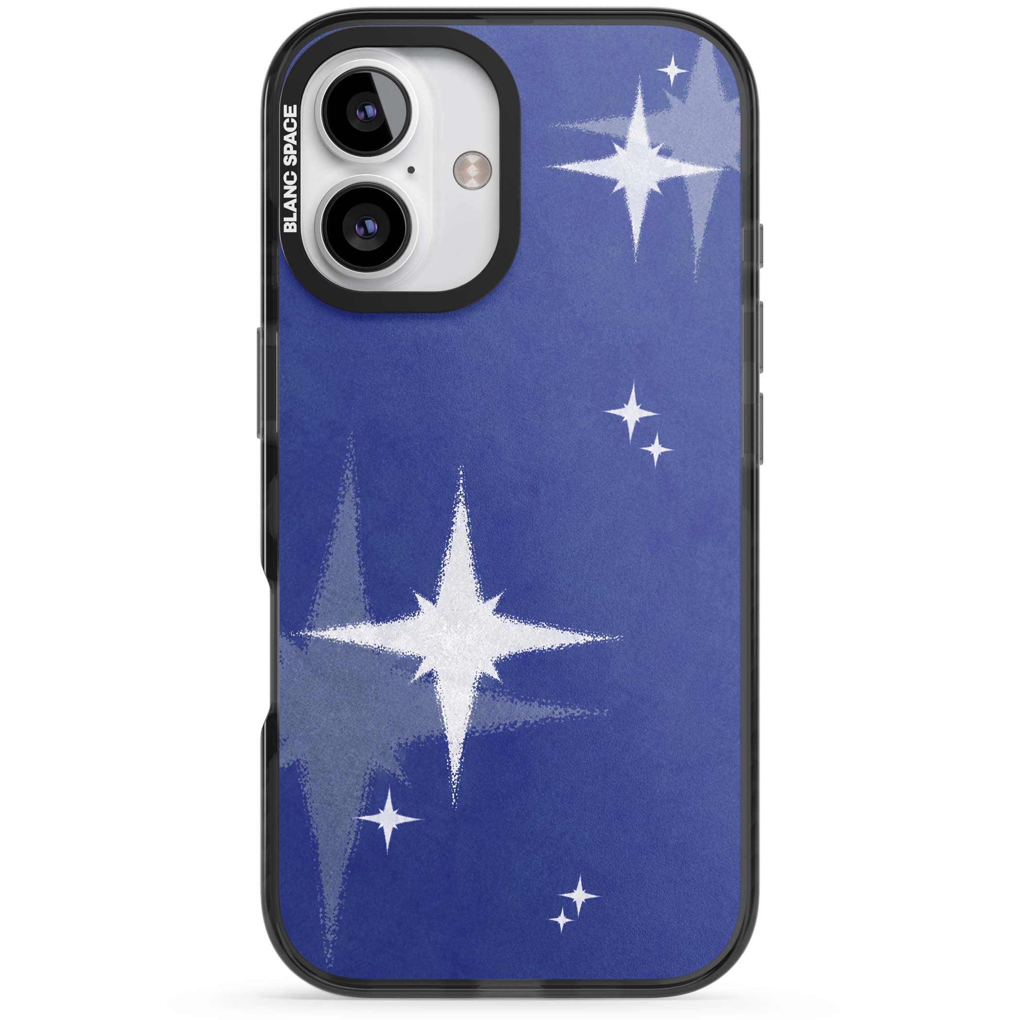 Blue Sparkle celestial iPhone case featuring sparkling silver stars on a deep blue painterly night sky | Black Impact case for iPhone 16, iPhone 16 Plus