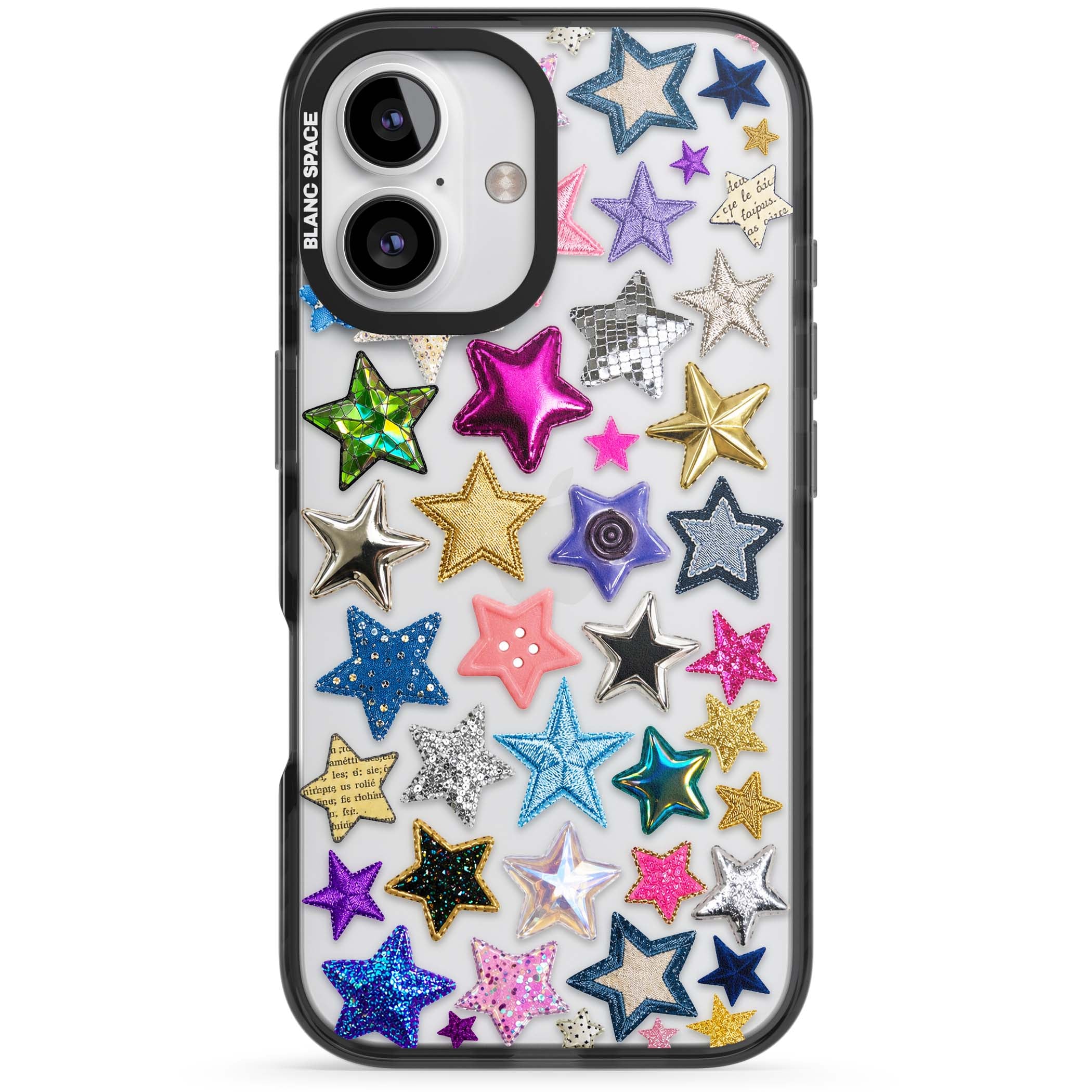 Crafty Star Mix Y2K iPhone case featuring embroidered, sequinned and glitter star patches in rainbow colours | Black Impact case for iPhone 16, iPhone 16 Plus