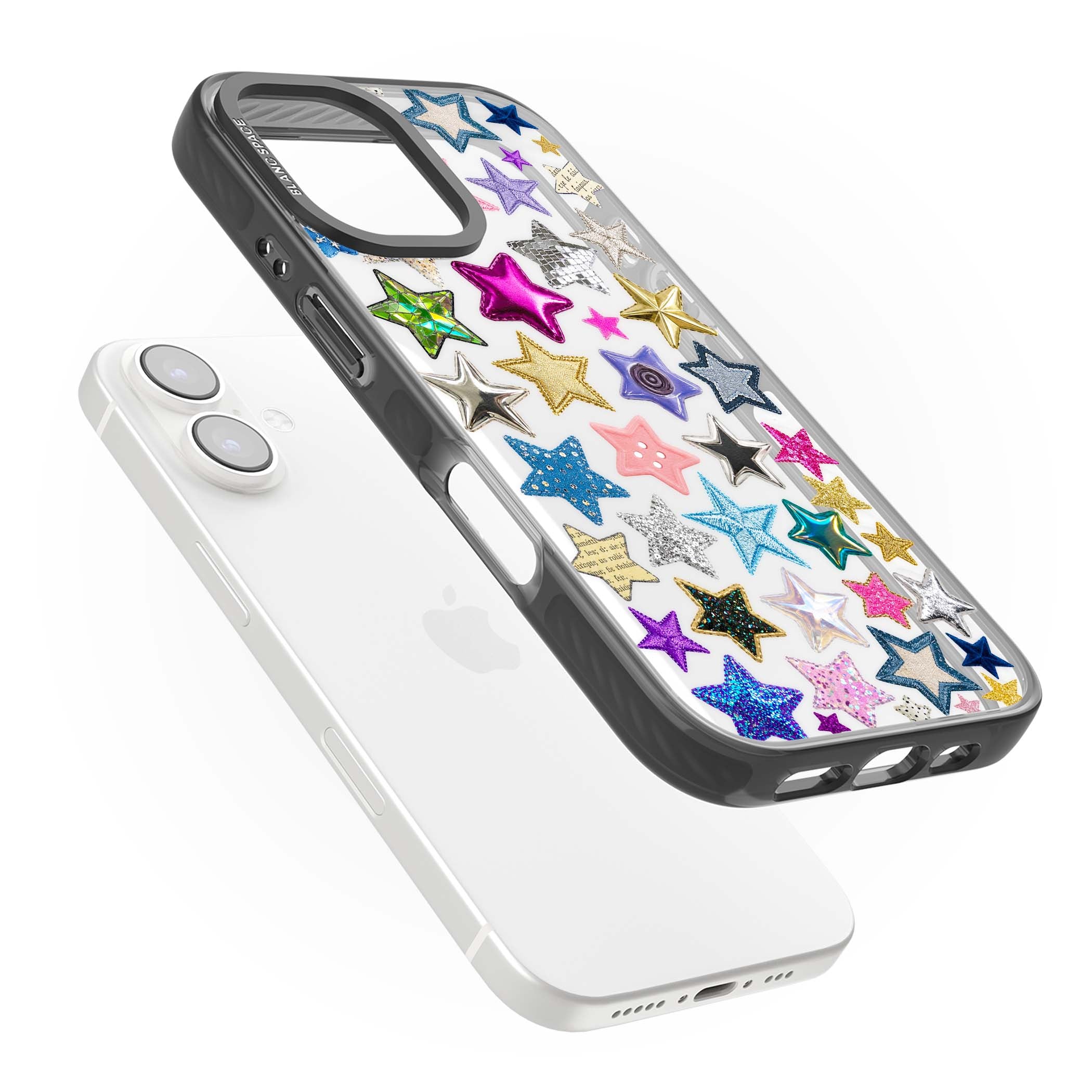 Crafty Star Mix Y2K iPhone case featuring embroidered, sequinned and glitter star patches in rainbow colours | Black Impact case for iPhone 16, iPhone 16 Plus