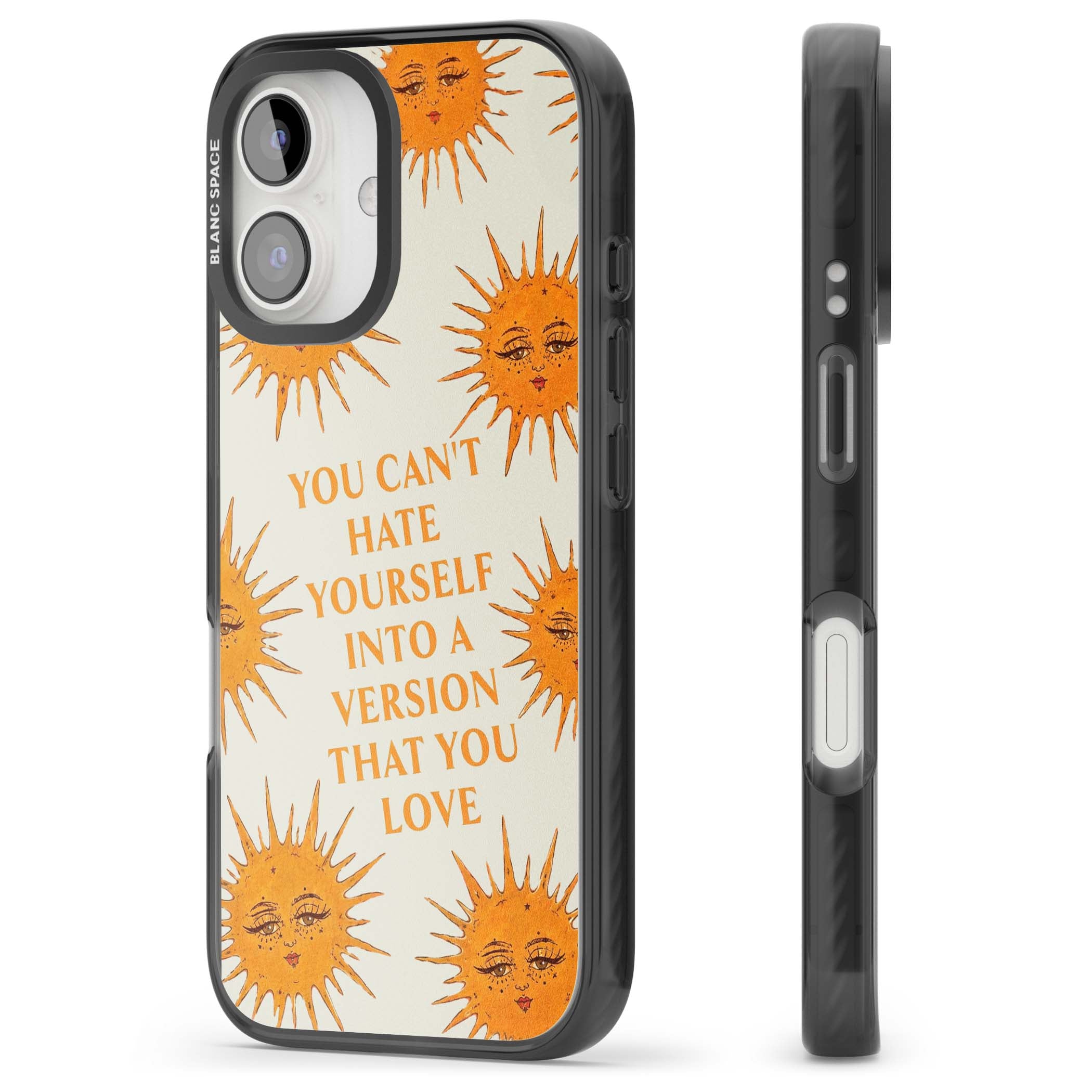 Don't Hate Yourself celestial iPhone case featuring vintage sun faces, ochre rays and a self-love quote | Black Impact case for iPhone 16, iPhone 16 Plus