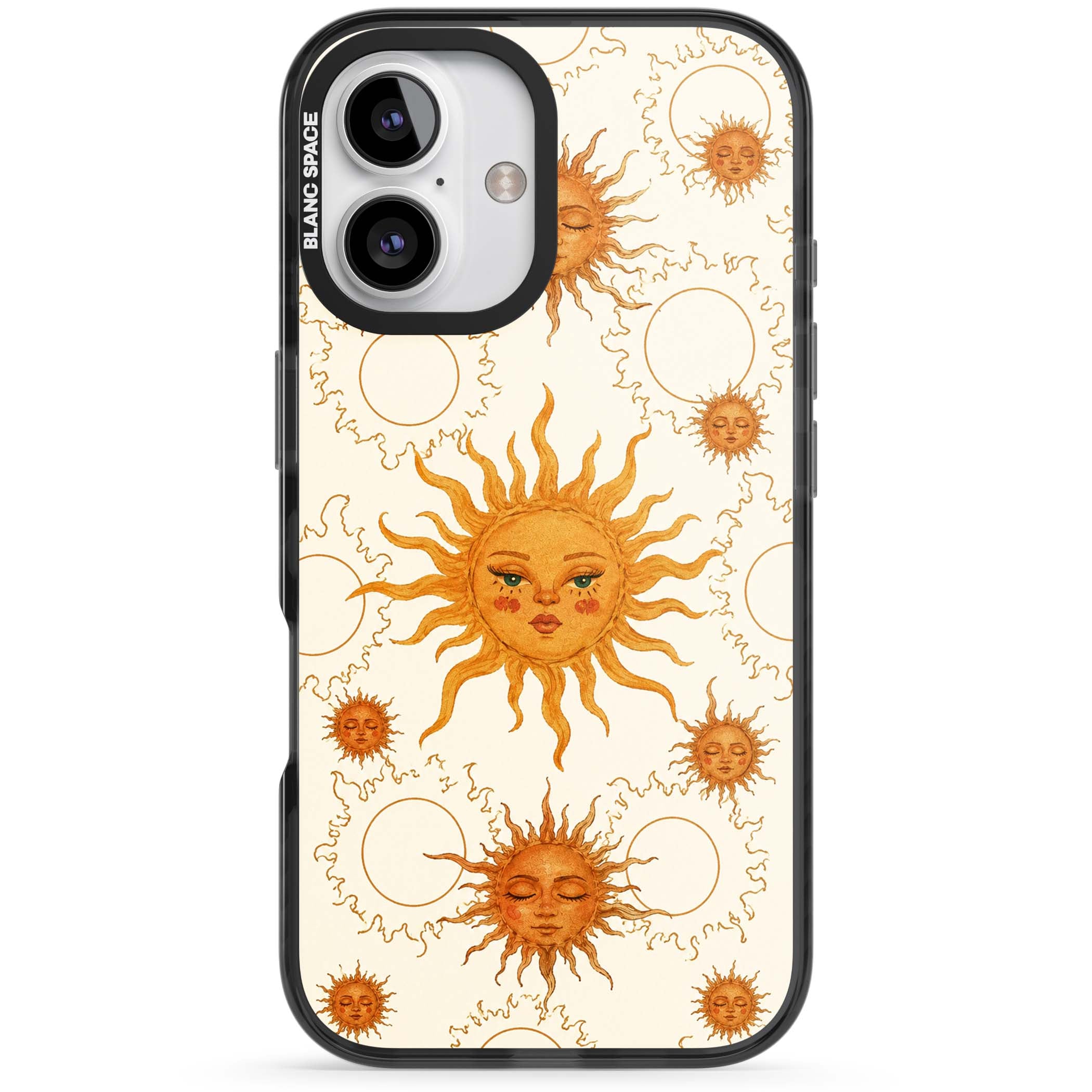 Solstice Muse celestial iPhone case featuring hand-painted golden sun faces, closed-eye sun goddesses and outlined moons... | Black Impact case for iPhone 16, iPhone 16 Plus