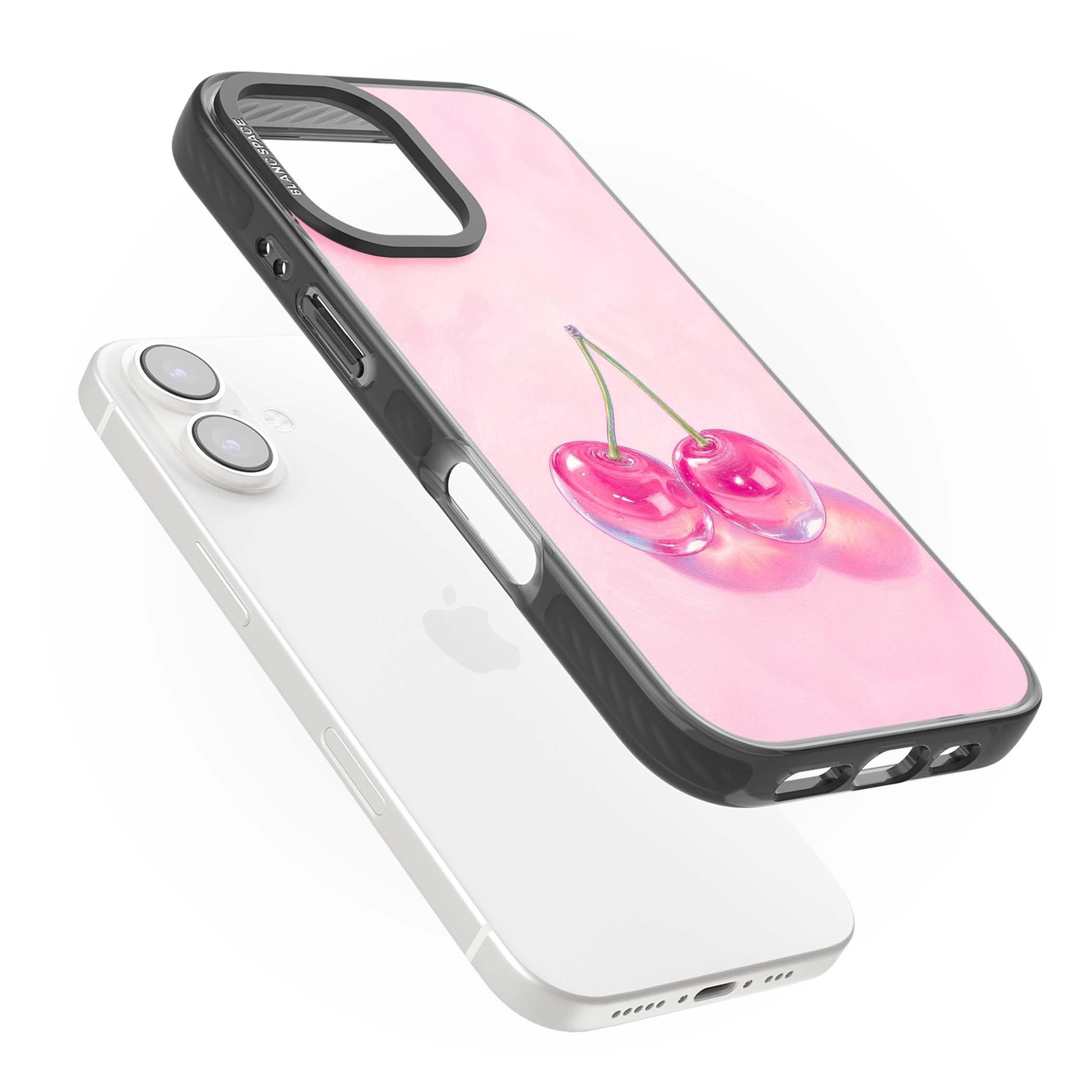 Pink Glass Cherry coquette iPhone case featuring two glossy painted cherries on a soft pink background | Black Impact case for iPhone 16, iPhone 16 Plus
