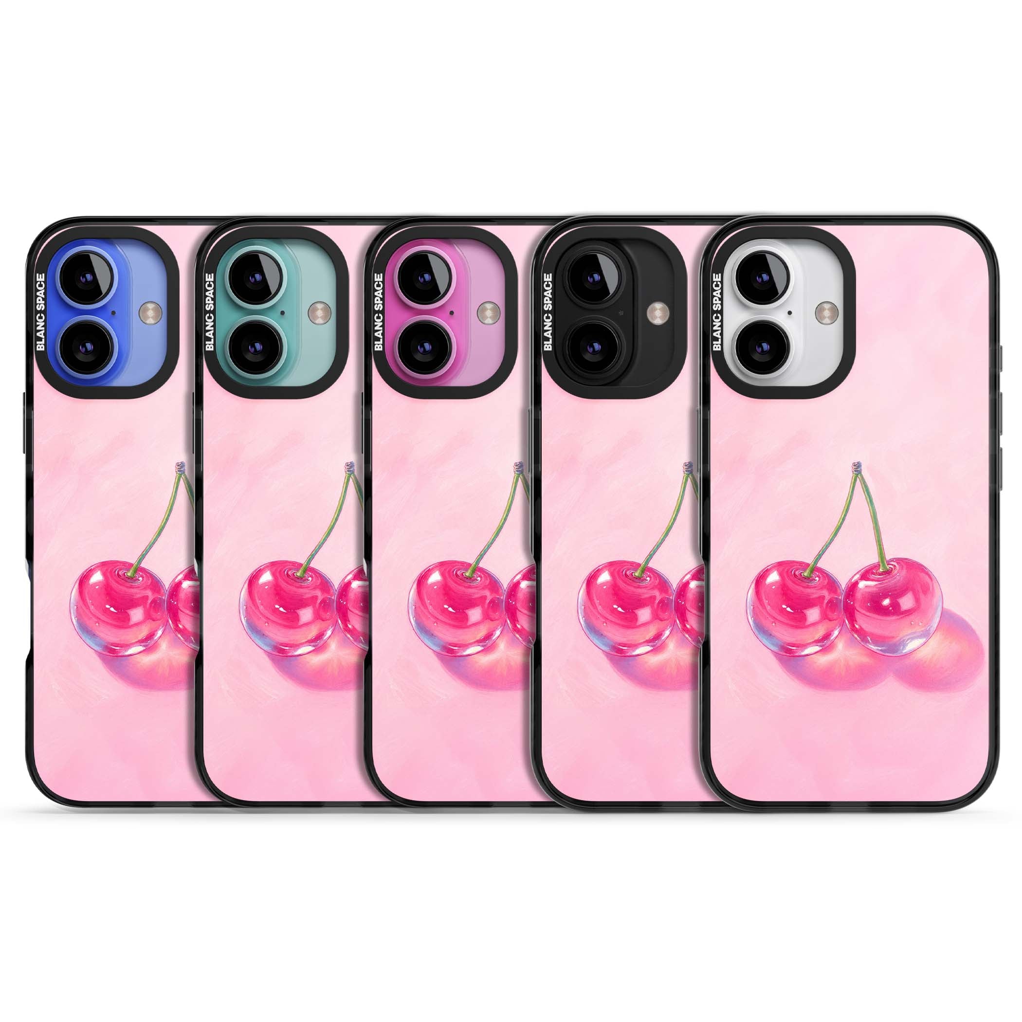 Pink Glass Cherry coquette iPhone case featuring two glossy painted cherries on a soft pink background | Black Impact case for iPhone 16, iPhone 16 Plus